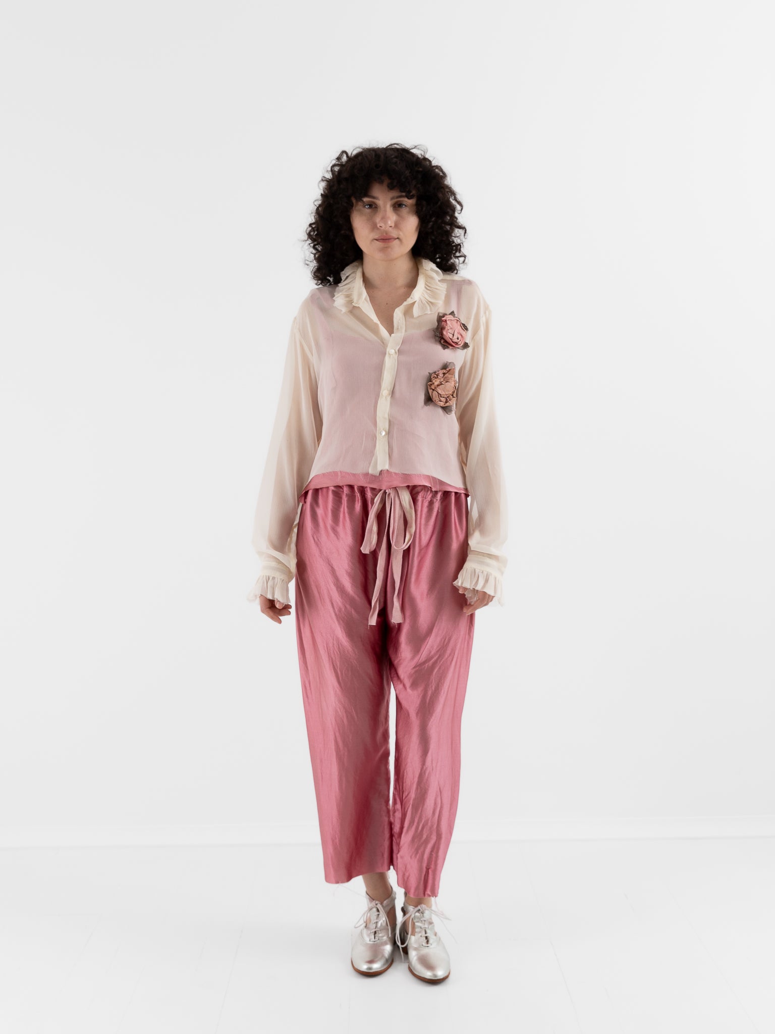 Elena Dawson Cropped Monet Shirt with Tea Roses in Cream - ELENA DAWSON at Worthwhile - shop TOP