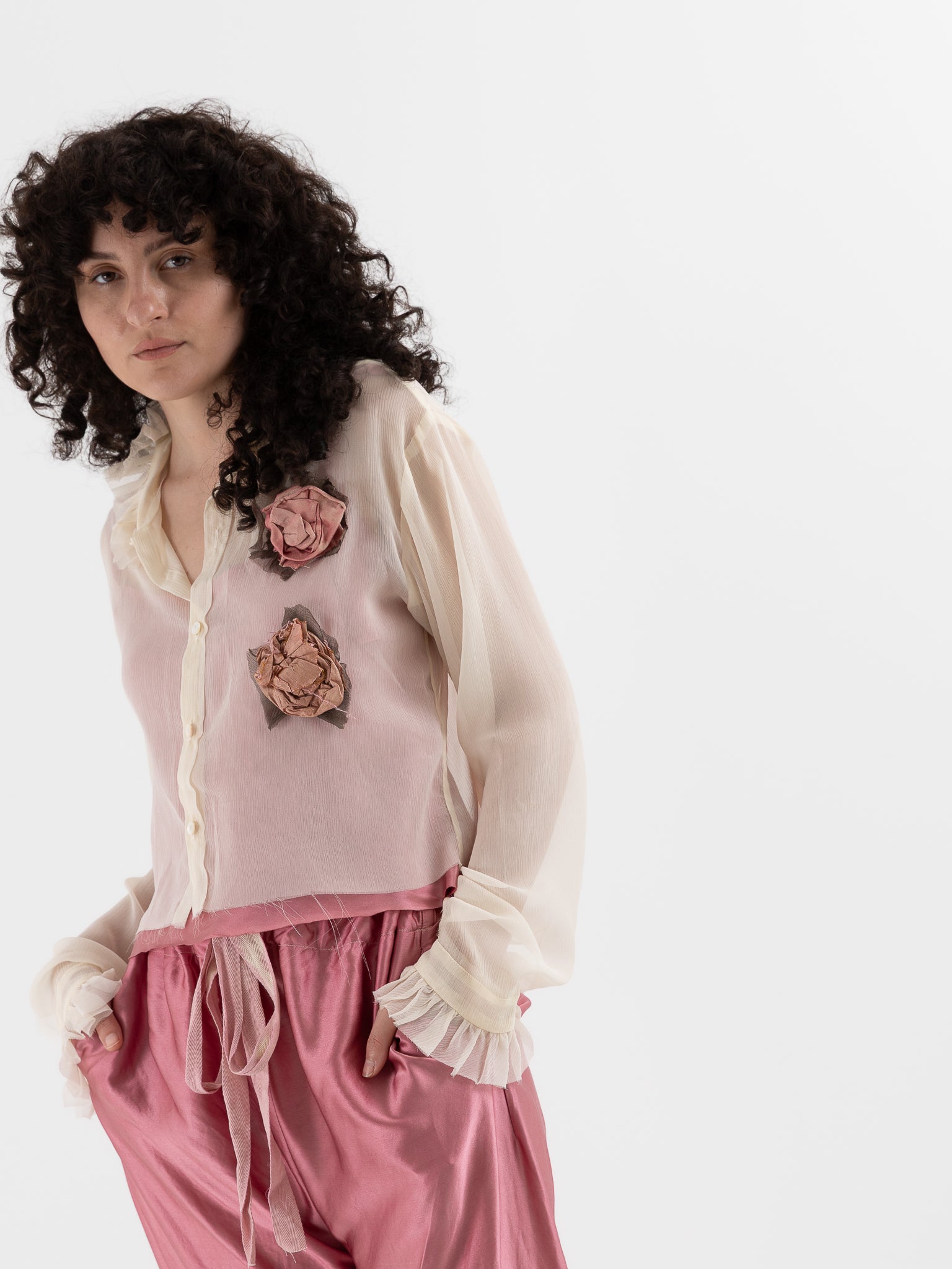 Elena Dawson Cropped Monet Shirt with Tea Roses in Cream - ELENA DAWSON at Worthwhile - shop TOP