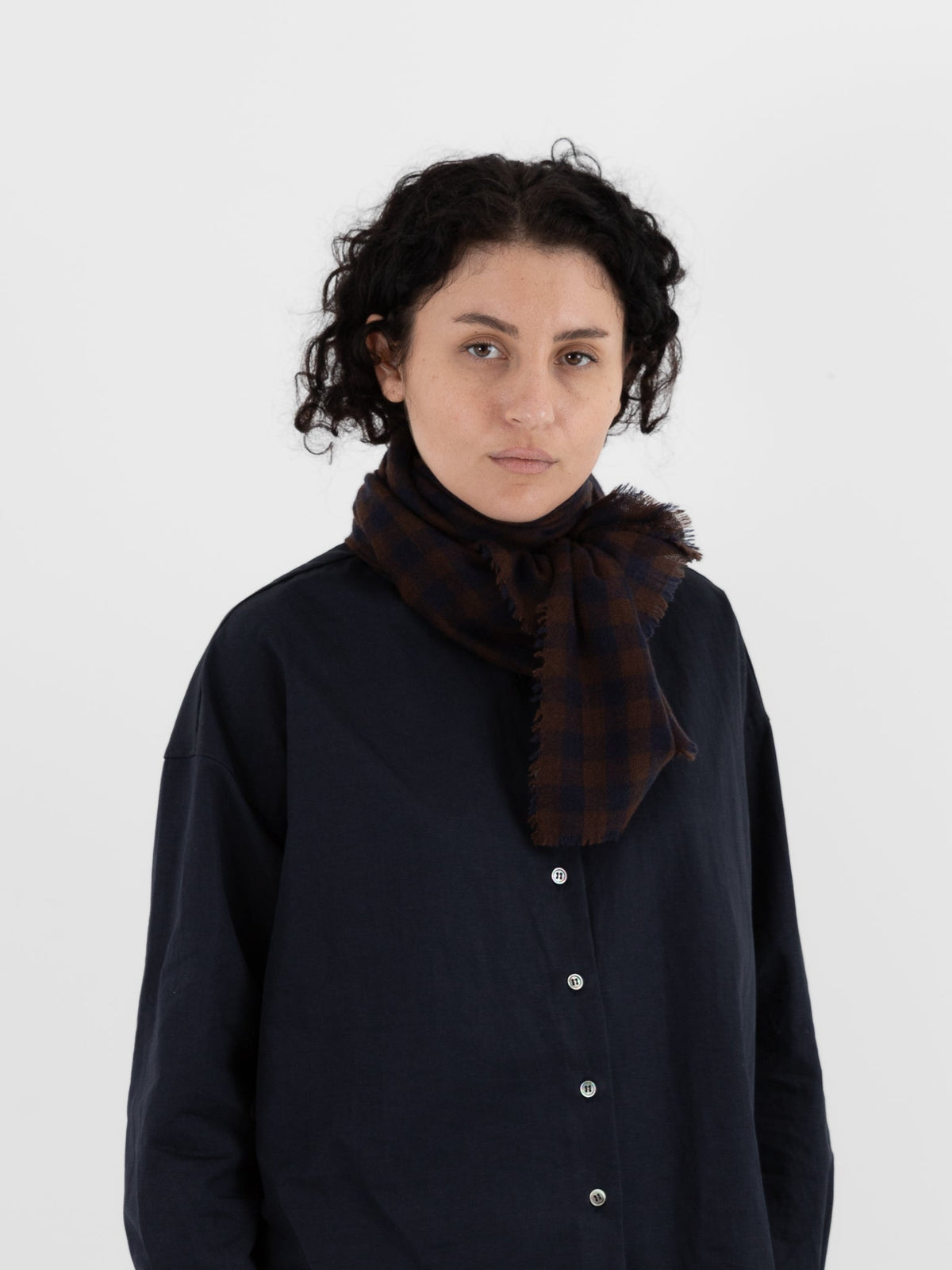 Makié Medium Check Scarf in Brown/Navy - MAKIE at Worthwhile - shop SCARF