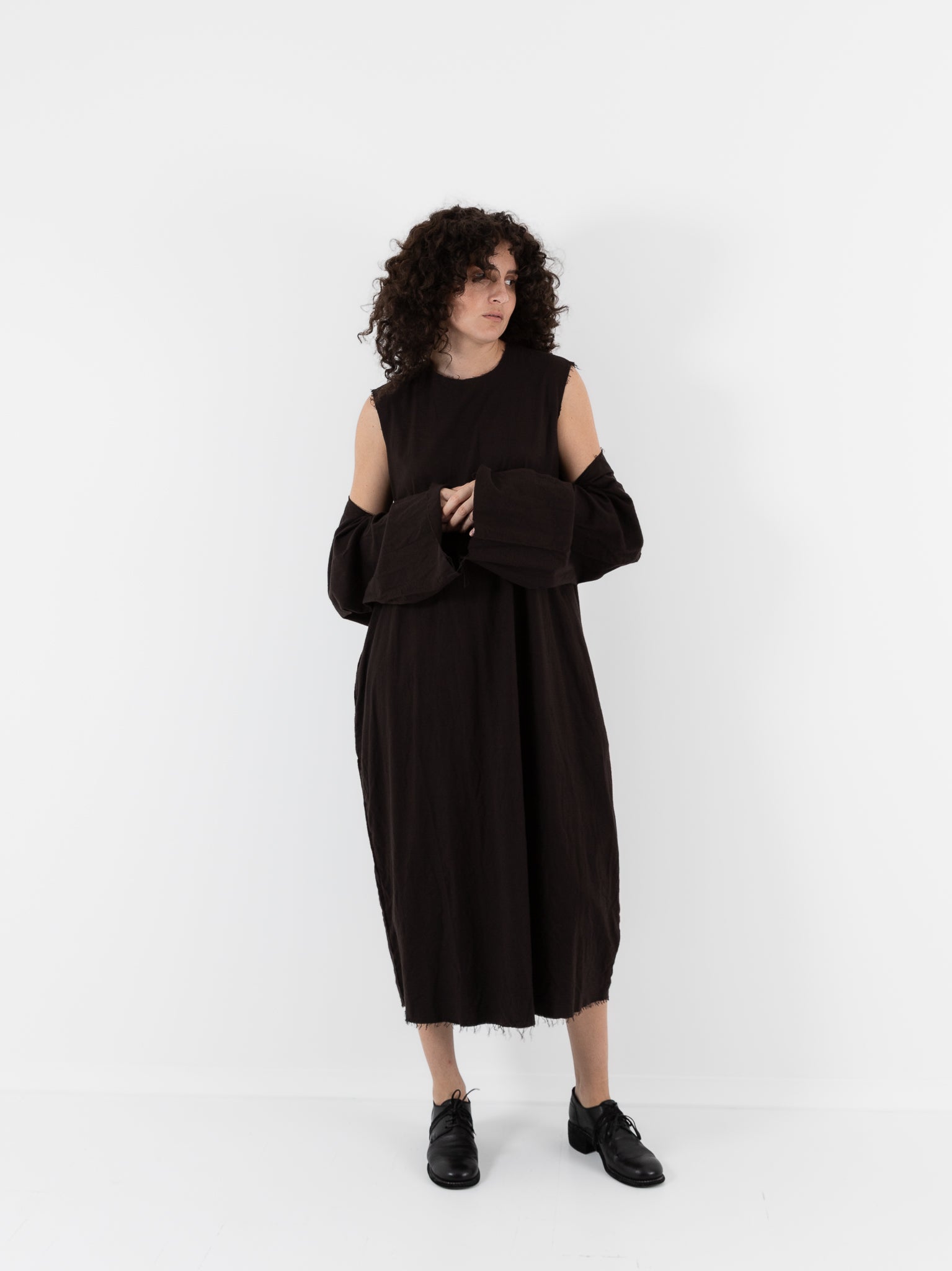 SCHA Dress with Sleeve Scarf in Bitter Chocolate - SCHA at Worthwhile - shop DRESS