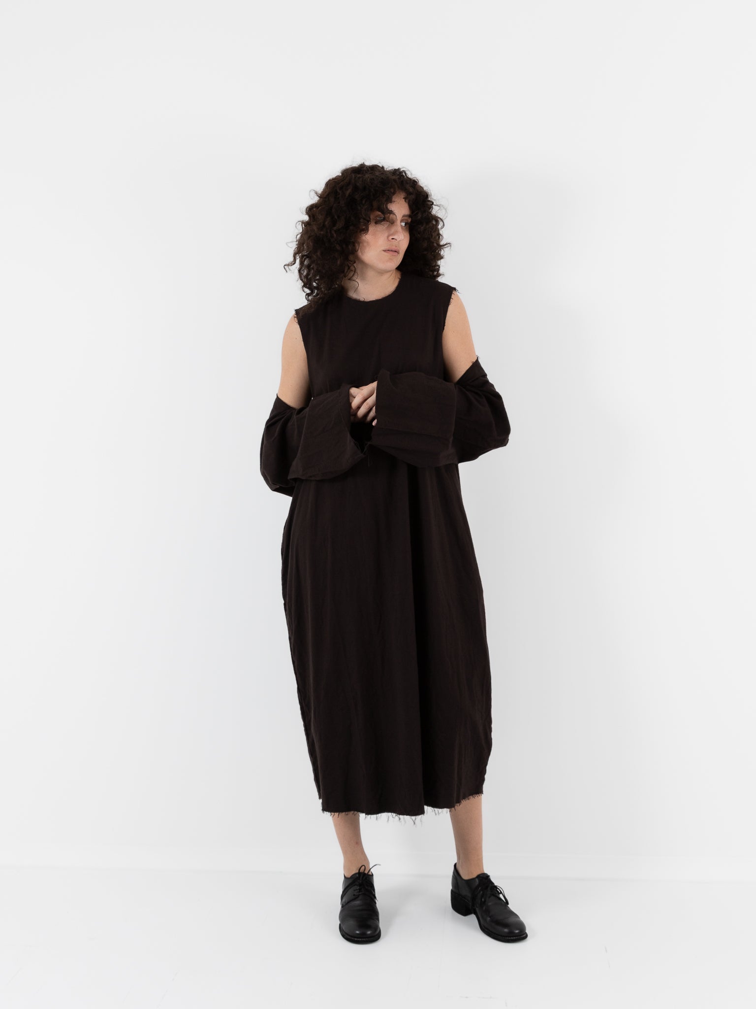 SCHA Dress with Sleeve Scarf in Bitter Chocolate - SCHA at Worthwhile - shop DRESS