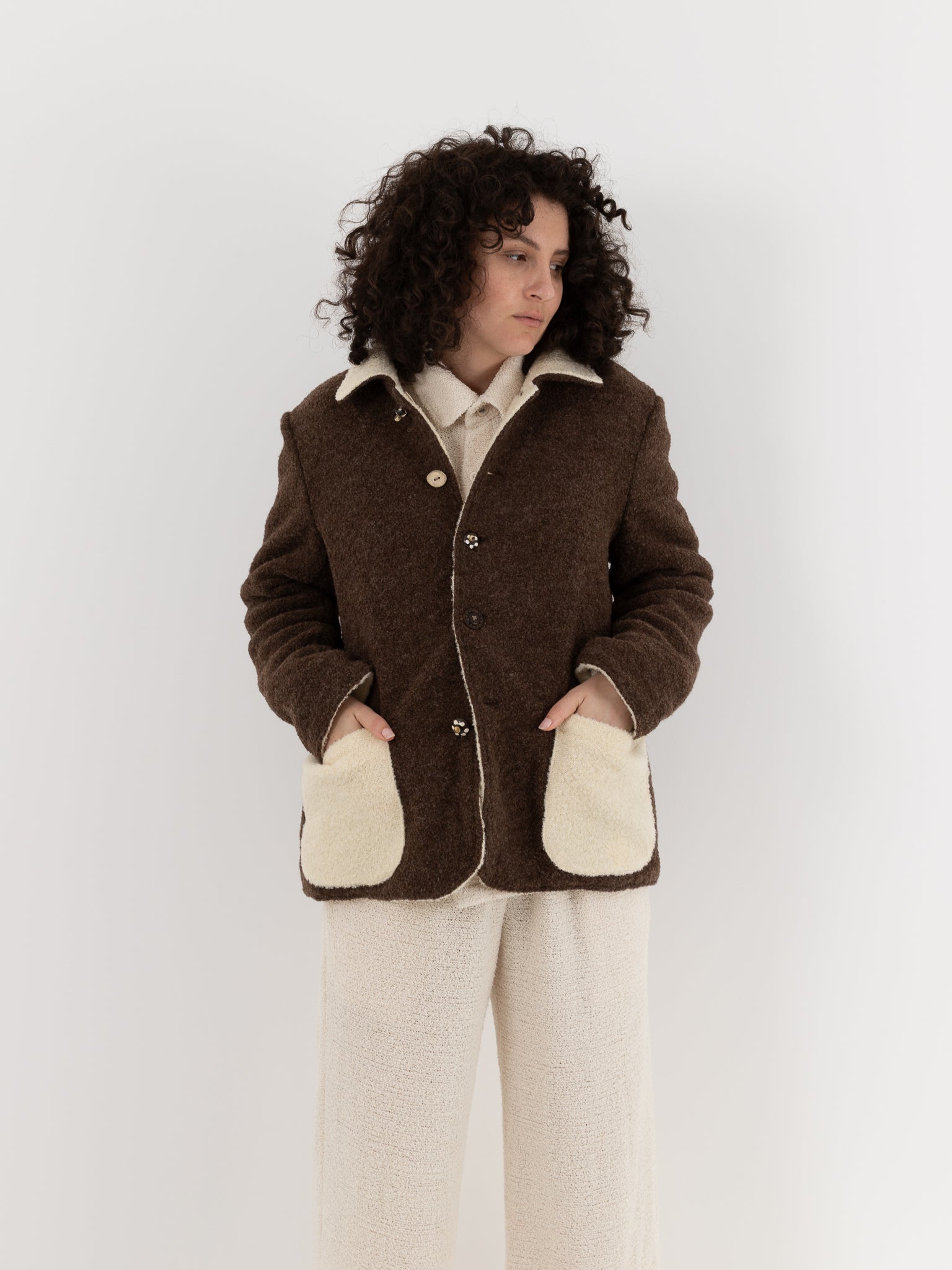 The Backward Vendor Double Jacket in Brown & White - THE BACKWARD VENDOR at Worthwhile - shop JACKET