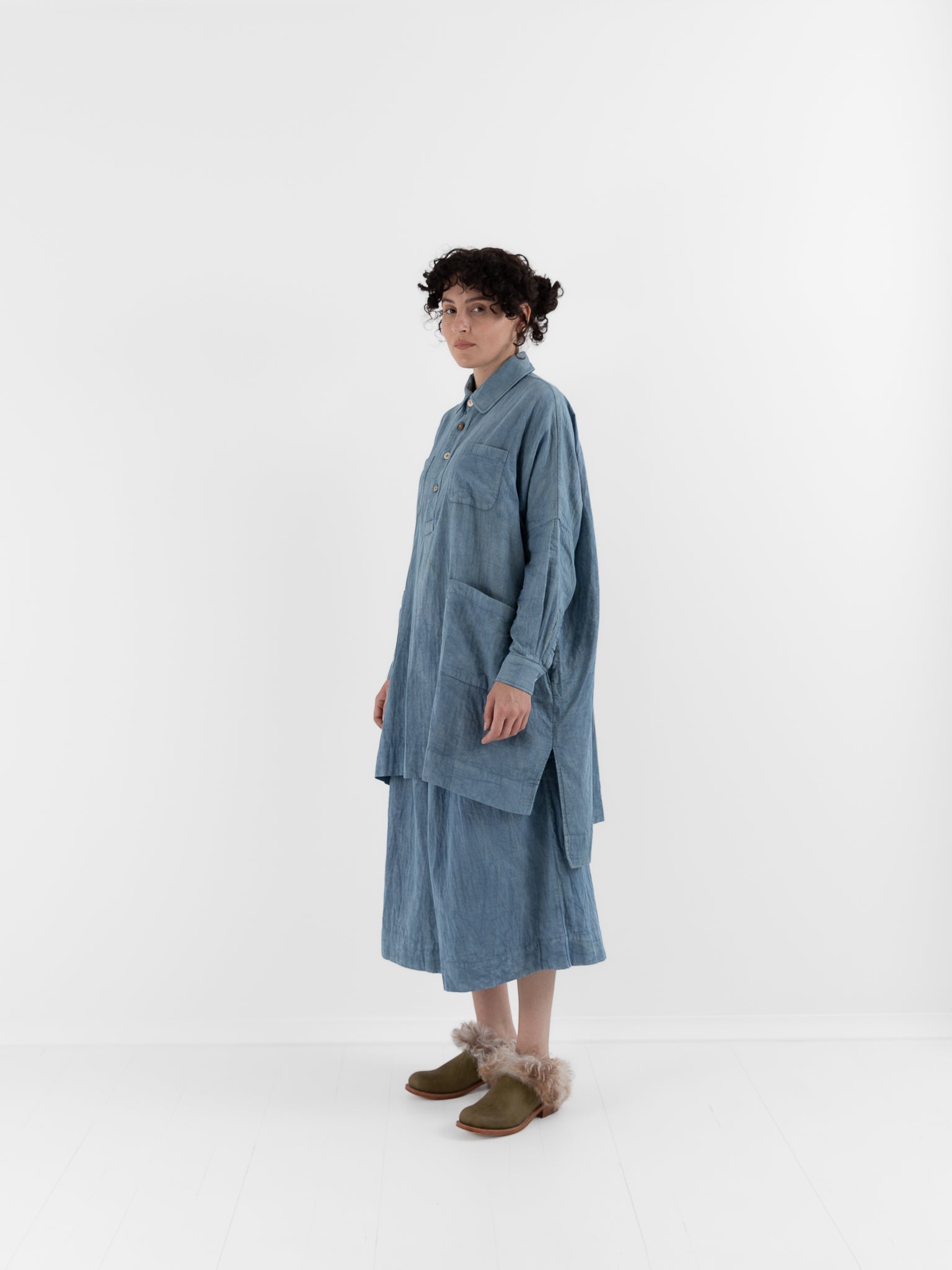 The Backward Vendor Drift Overshirt in Indigo - THE BACKWARD VENDOR at Worthwhile - shop TOP