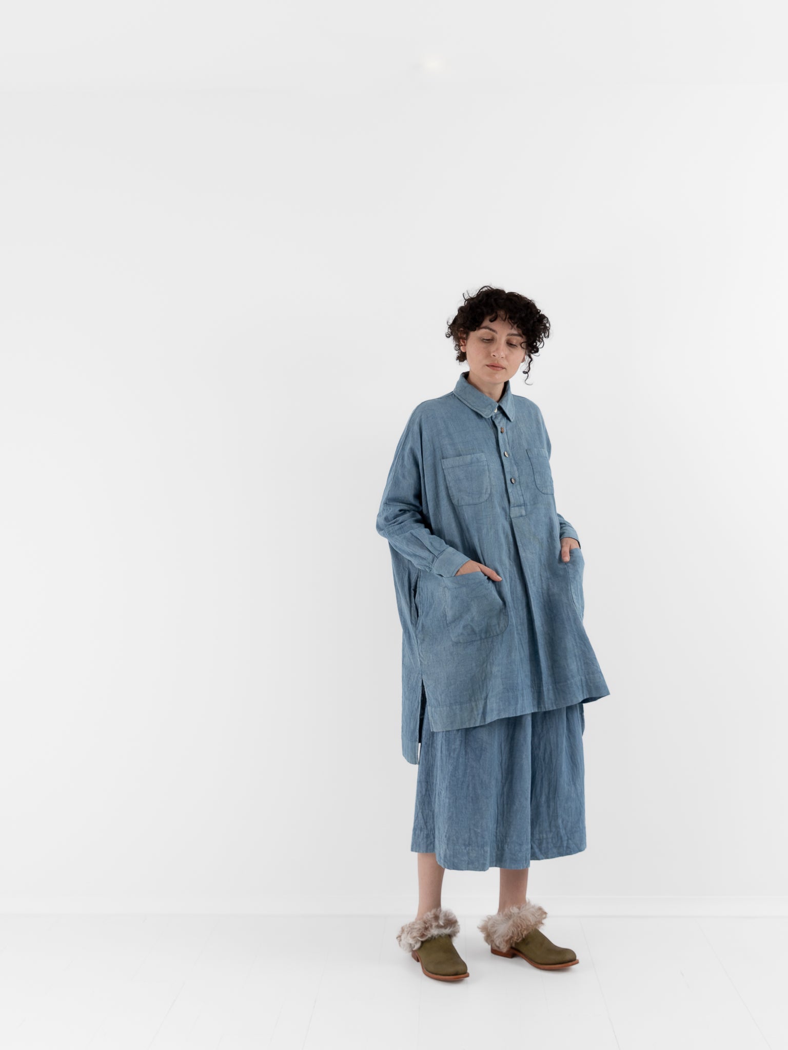 The Backward Vendor Drift Overshirt in Indigo - THE BACKWARD VENDOR at Worthwhile - shop TOP