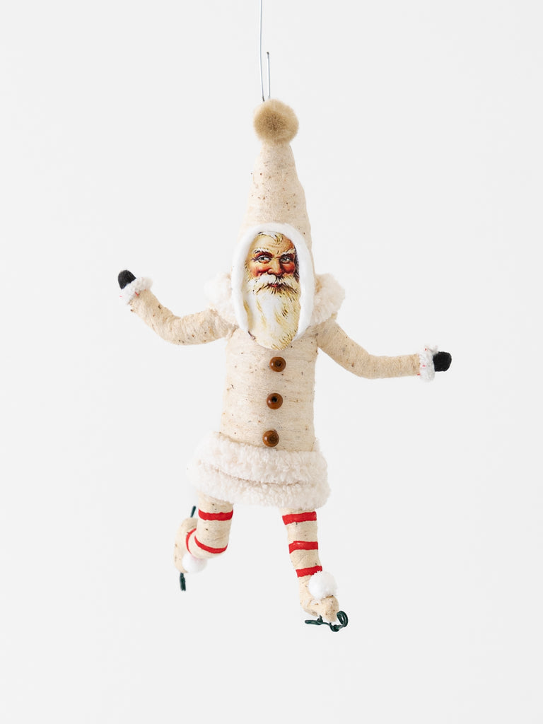Spun Cotton Ice Skating Santa Ornament in White - Worthwhile