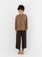 Arts & Science Band Collar Simple Shirt in Dark Mocha Beige - ARTS & SCIENCE at Worthwhile - shop TOP