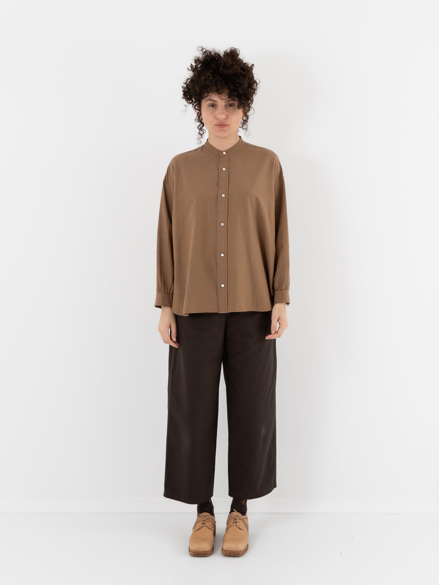 Arts & Science Band Collar Simple Shirt in Dark Mocha Beige - ARTS & SCIENCE at Worthwhile - shop TOP