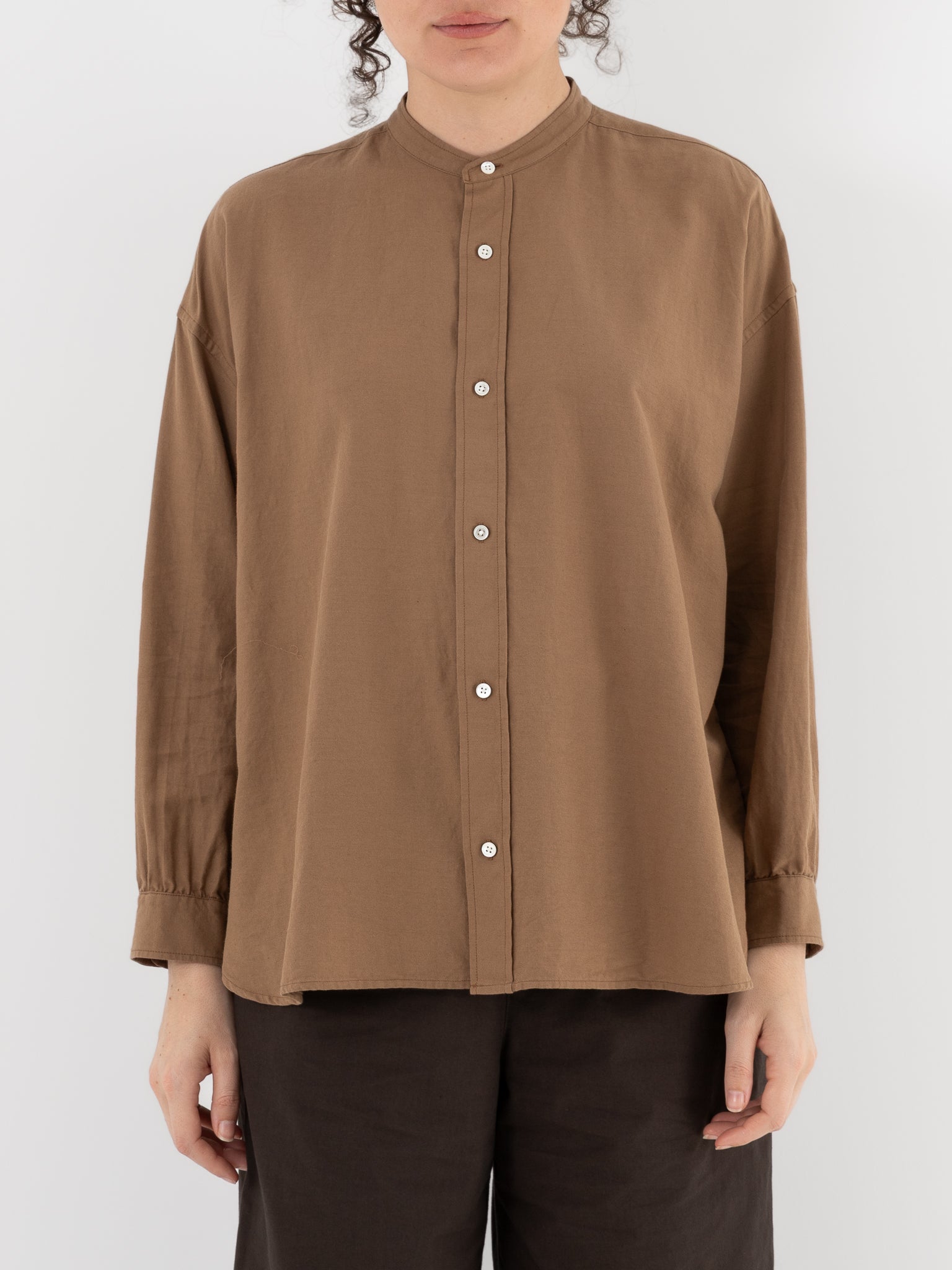 Arts & Science Band Collar Simple Shirt in Dark Mocha Beige - ARTS & SCIENCE at Worthwhile - shop TOP
