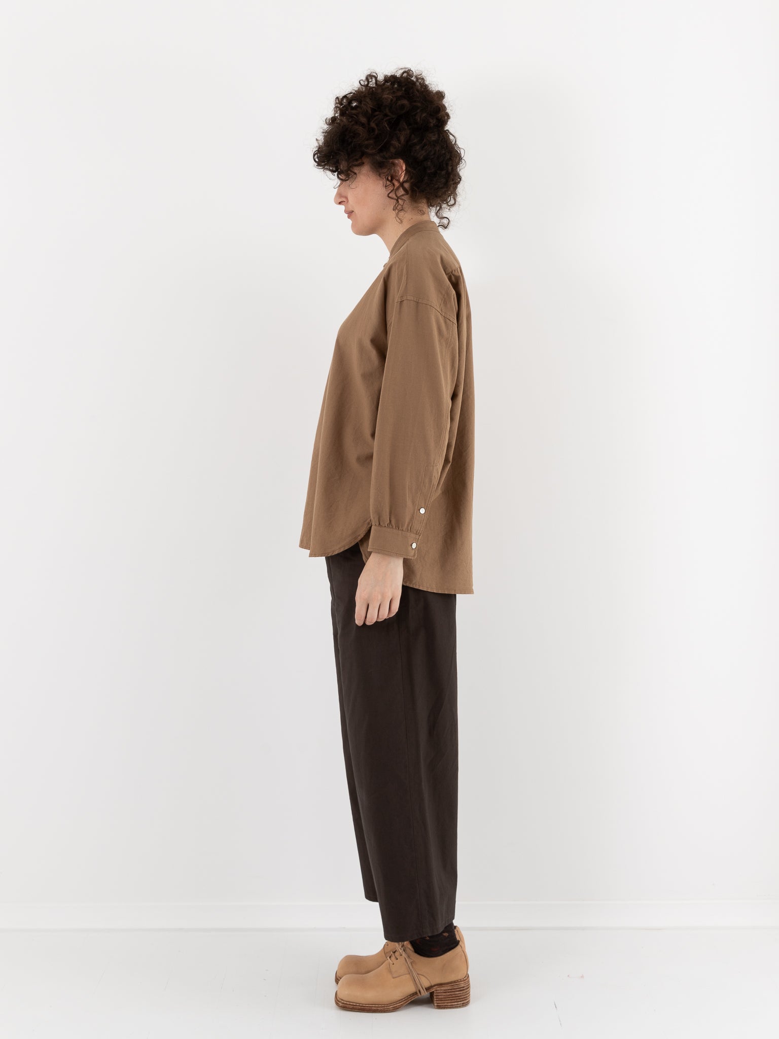Arts & Science Band Collar Simple Shirt in Dark Mocha Beige - ARTS & SCIENCE at Worthwhile - shop TOP