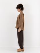 Arts & Science Band Collar Simple Shirt in Dark Mocha Beige - ARTS & SCIENCE at Worthwhile - shop TOP
