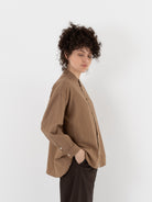 Arts & Science Band Collar Simple Shirt in Dark Mocha Beige - ARTS & SCIENCE at Worthwhile - shop TOP