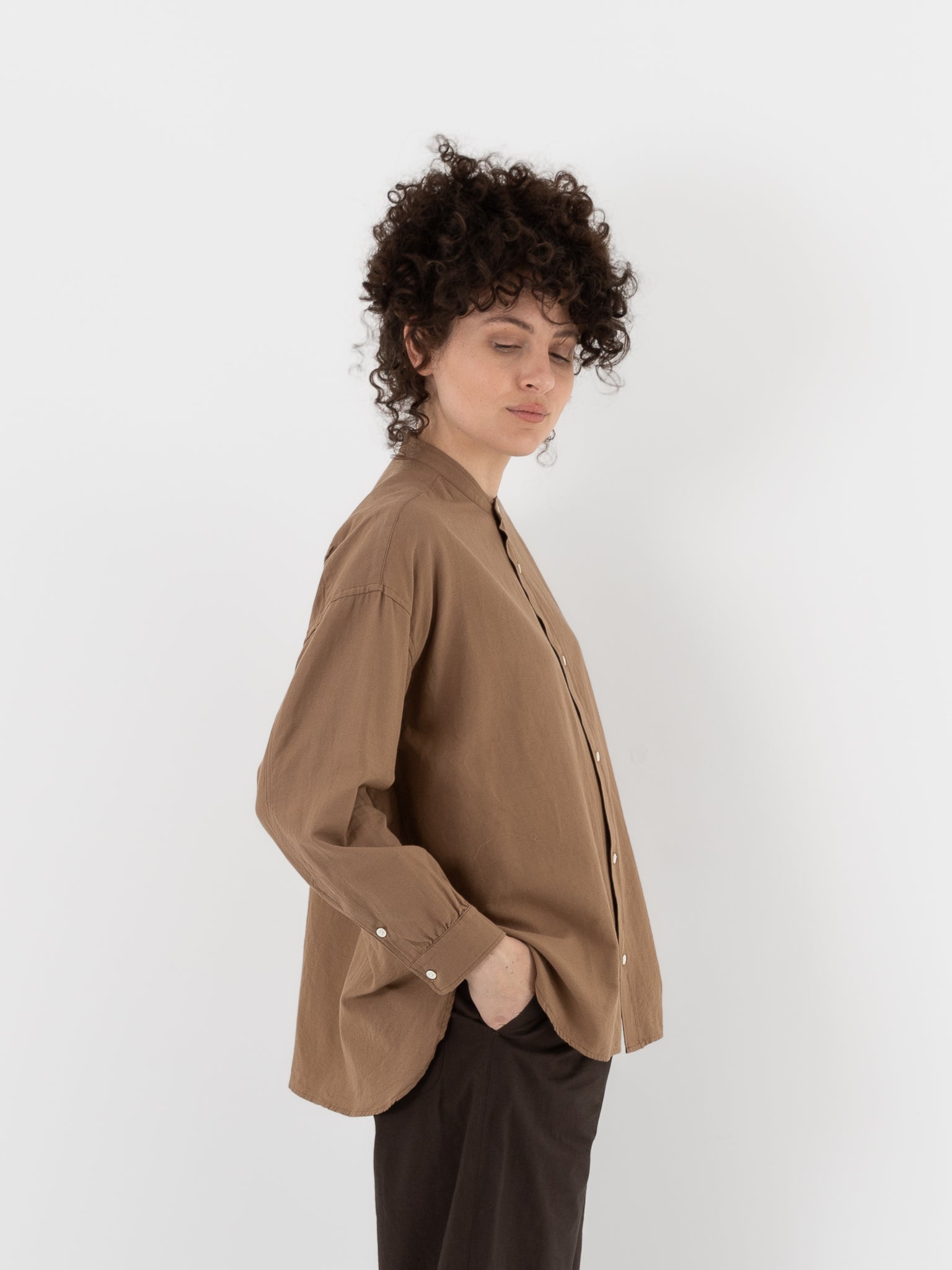 Arts & Science Band Collar Simple Shirt in Dark Mocha Beige - ARTS & SCIENCE at Worthwhile - shop TOP