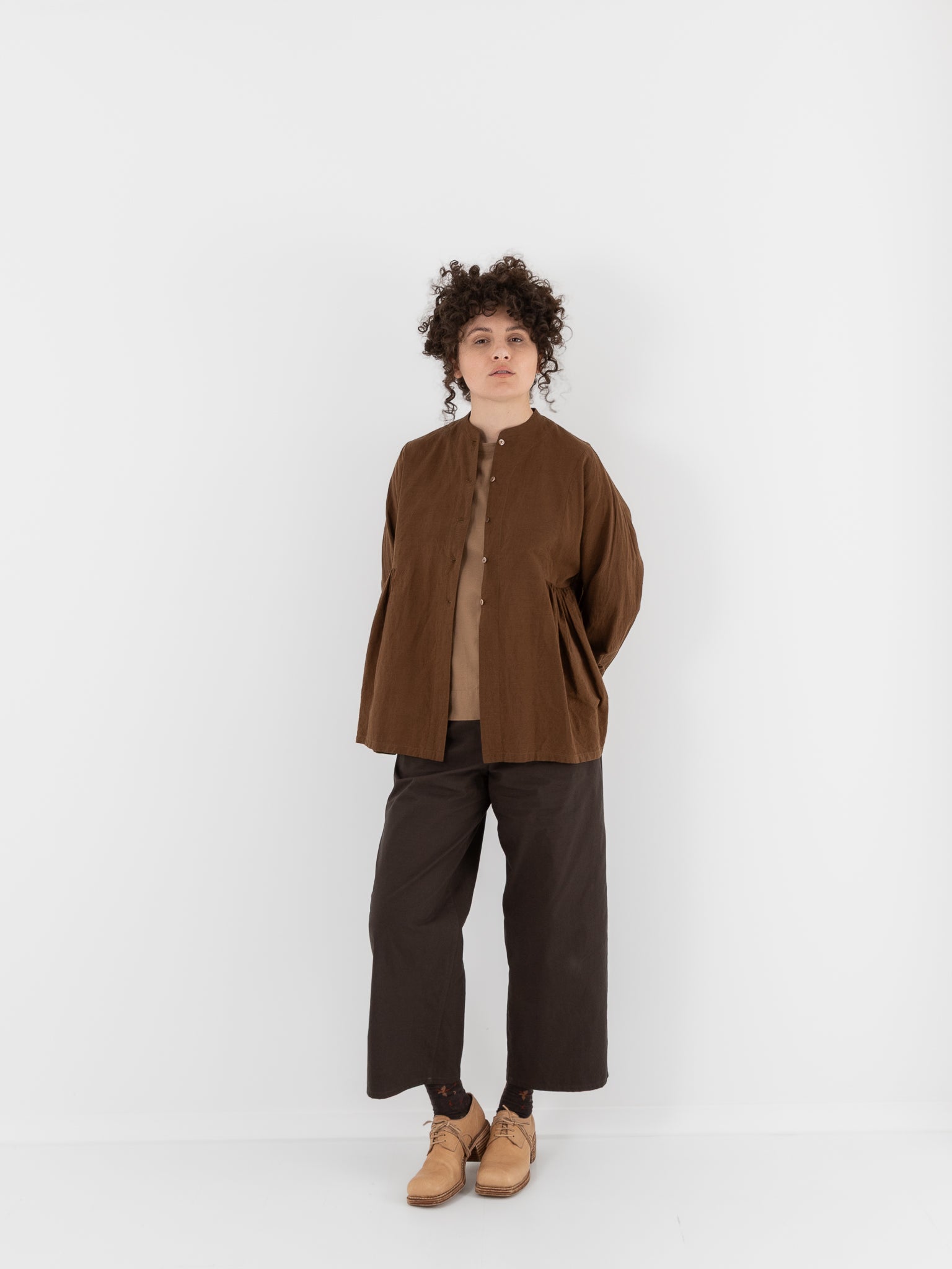 Arts & Science Side Gather Blouse in Light Brown - ARTS & SCIENCE at Worthwhile - shop TOP