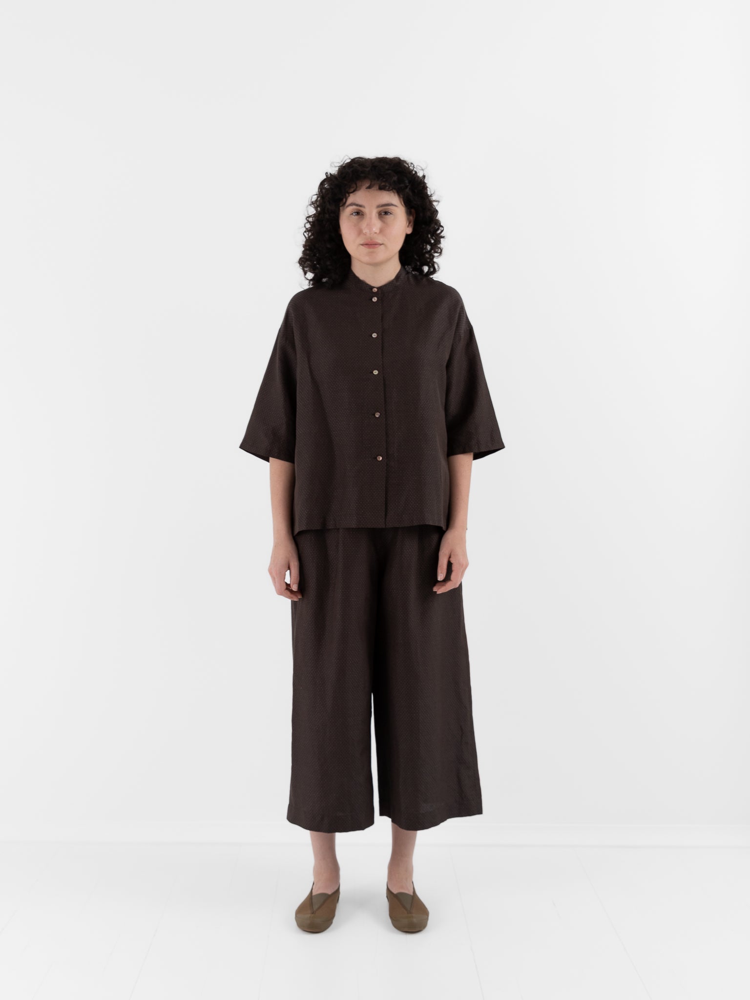 Arts & Science Stand Collar Boxy Shirt in Brown - ARTS & SCIENCE at Worthwhile - shop TOP