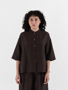Arts & Science Stand Collar Boxy Shirt in Brown - ARTS & SCIENCE at Worthwhile - shop TOP