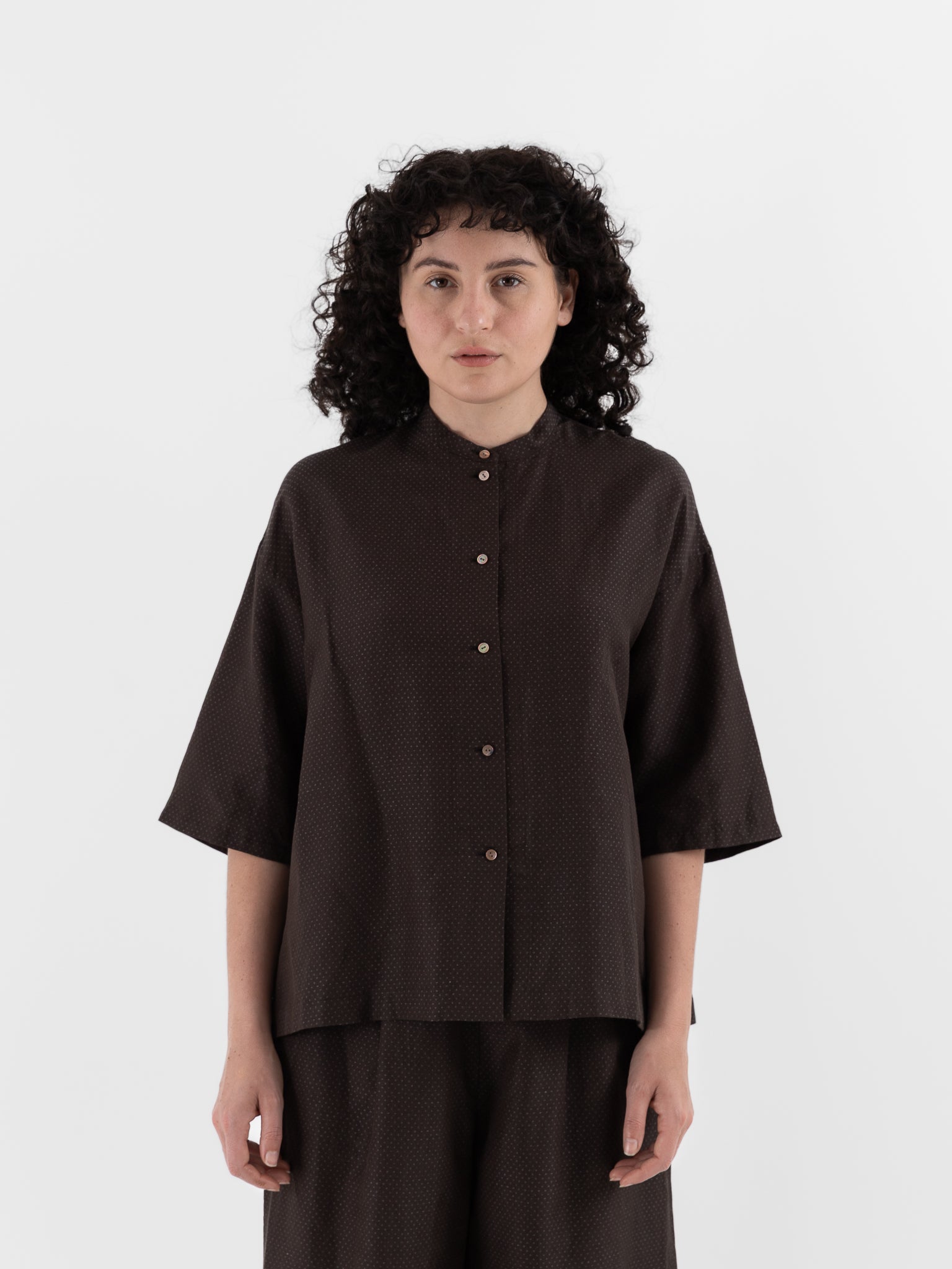 Arts & Science Stand Collar Boxy Shirt in Brown - ARTS & SCIENCE at Worthwhile - shop TOP