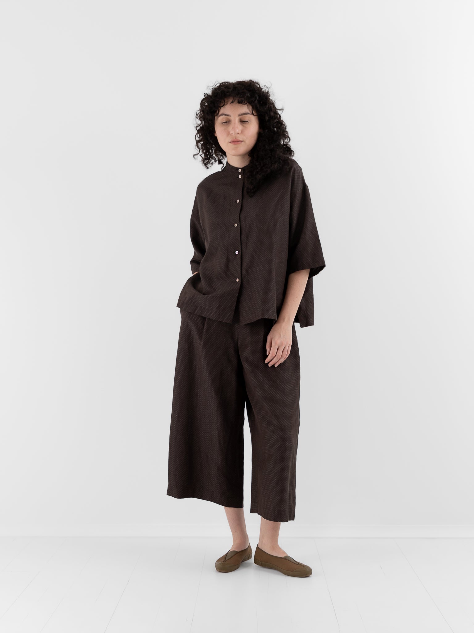 Arts & Science Stand Collar Boxy Shirt in Brown - ARTS & SCIENCE at Worthwhile - shop TOP