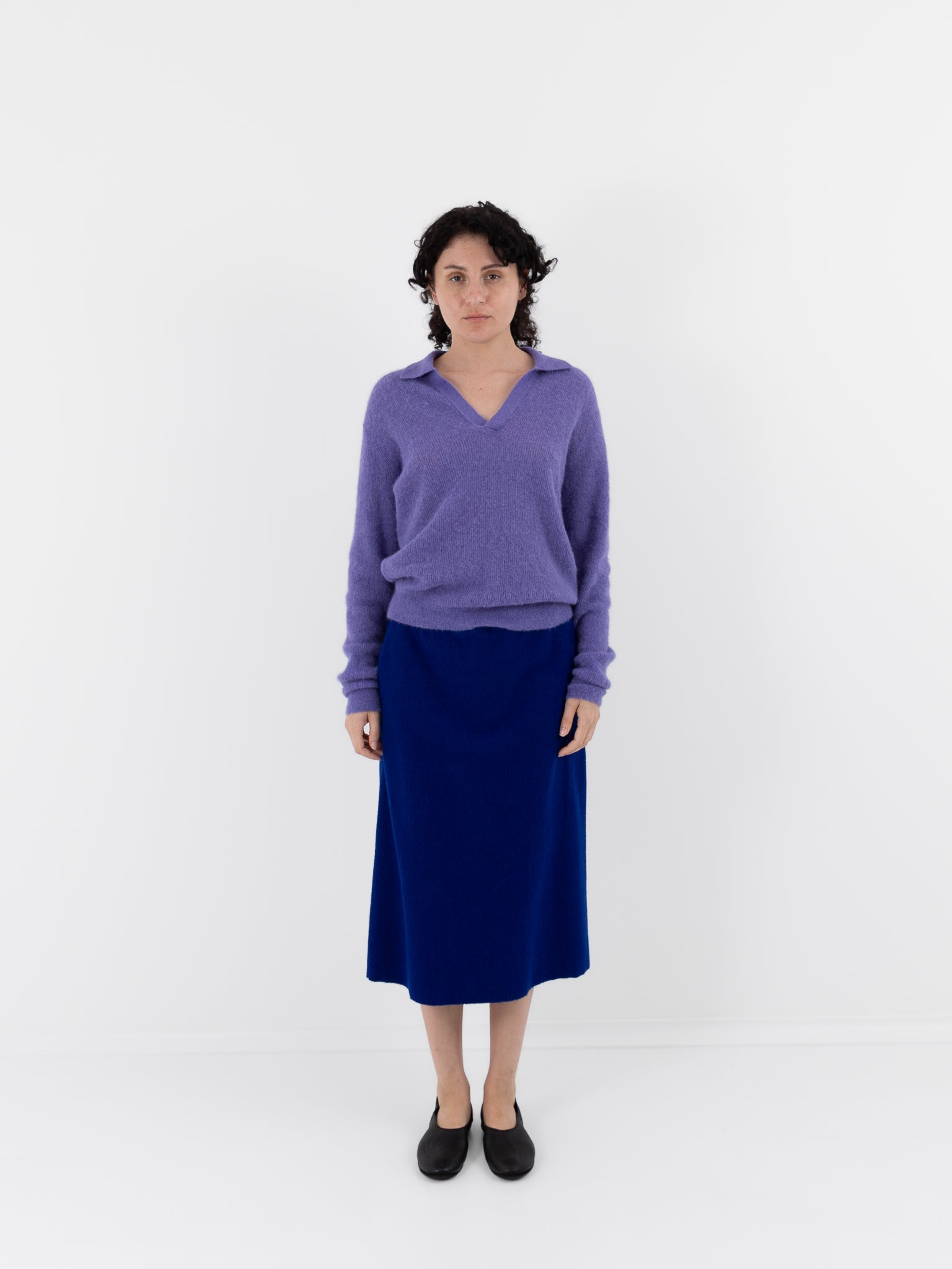 Auralee Baby Suri Alpaca Sheer Knit Skipper Polo in Purple - AURALEE at Worthwhile - shop TOP