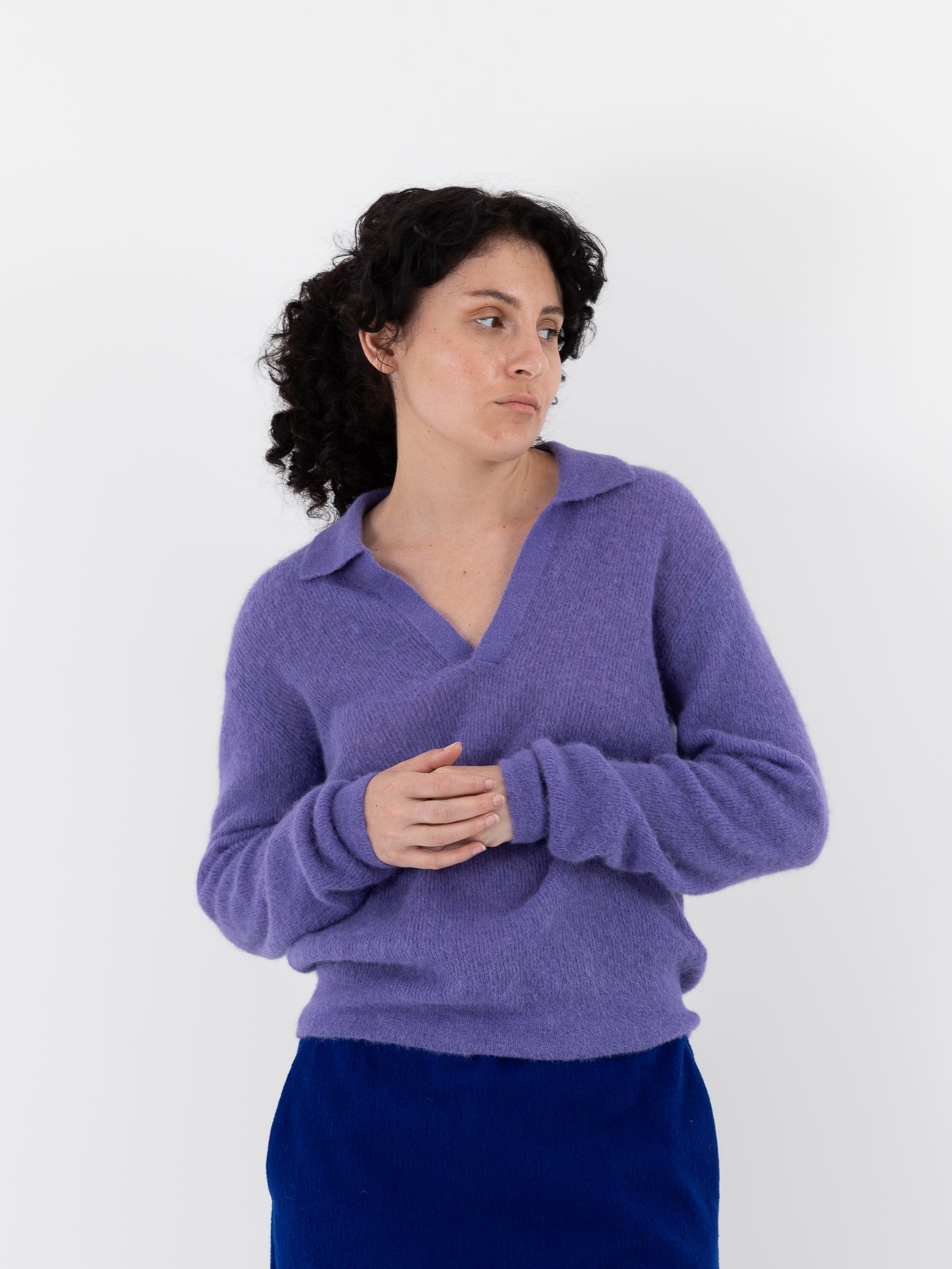 Auralee Baby Suri Alpaca Sheer Knit Skipper Polo in Purple - AURALEE at Worthwhile - shop TOP
