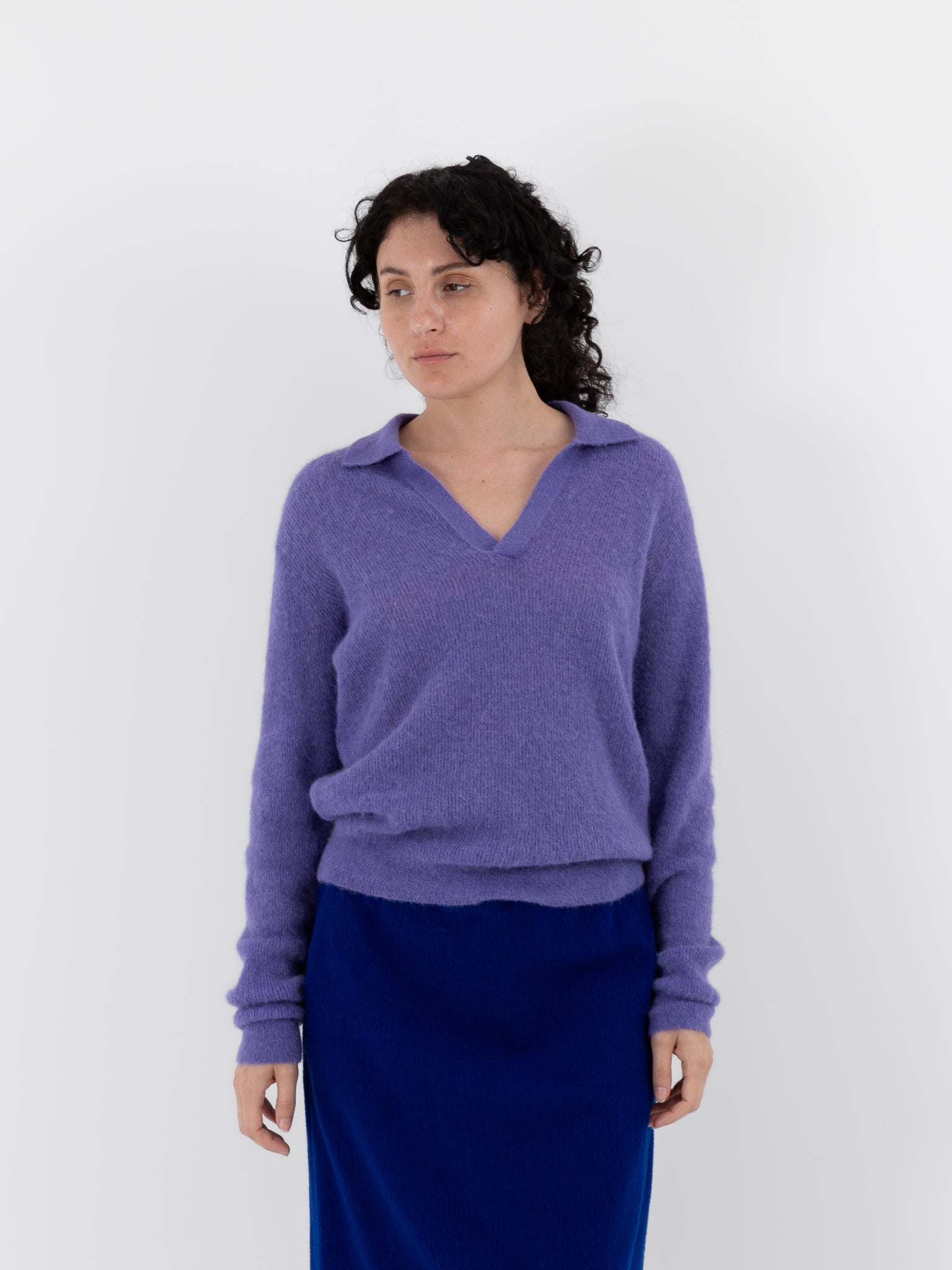 Auralee Baby Suri Alpaca Sheer Knit Skipper Polo in Purple - AURALEE at Worthwhile - shop TOP