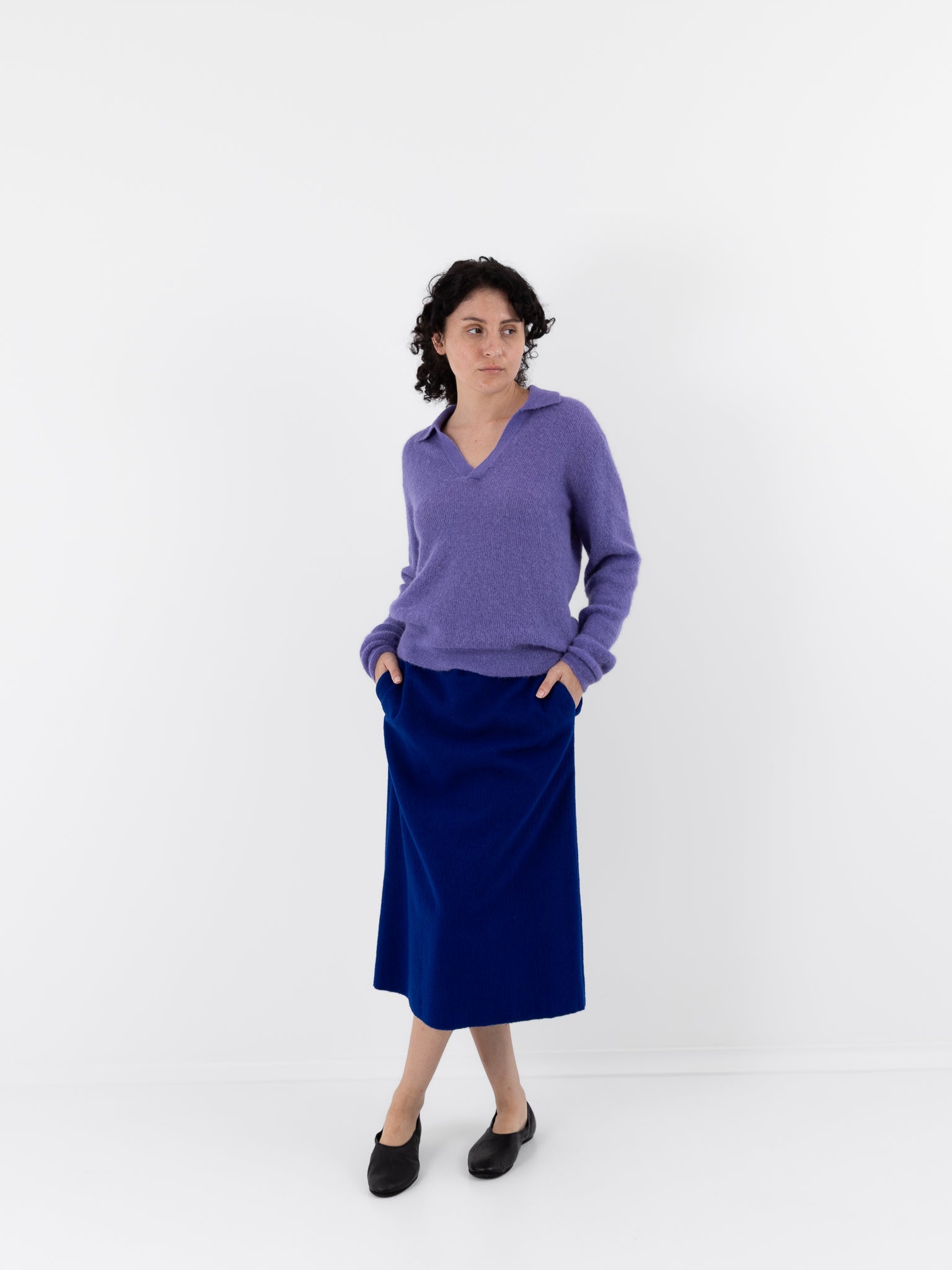 Auralee Baby Suri Alpaca Sheer Knit Skipper Polo in Purple - AURALEE at Worthwhile - shop TOP