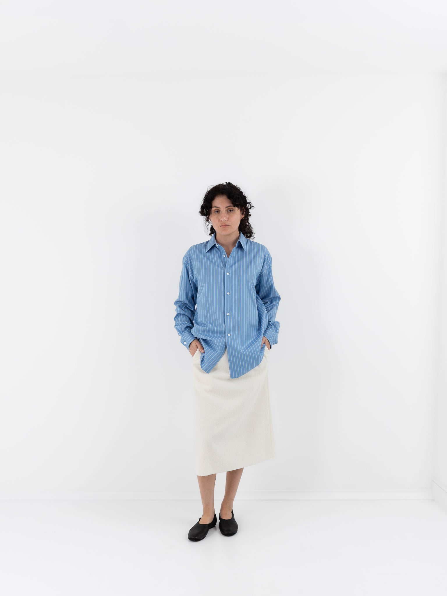 Auralee Cotton Silk Stripe Shirt in Sax Blue - AURALEE at Worthwhile - shop TOP