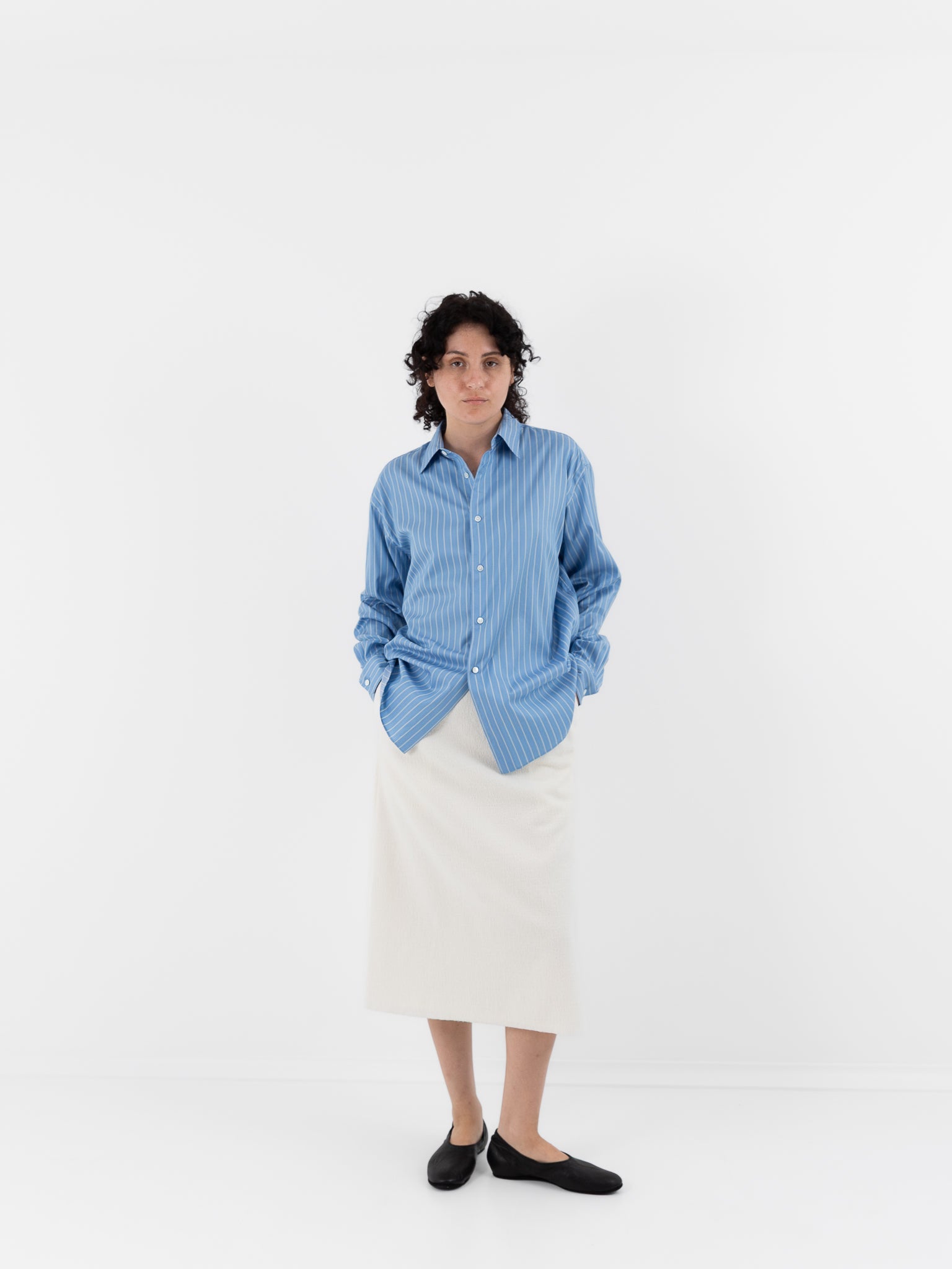 Auralee Cotton Silk Stripe Shirt in Sax Blue - AURALEE at Worthwhile - shop TOP
