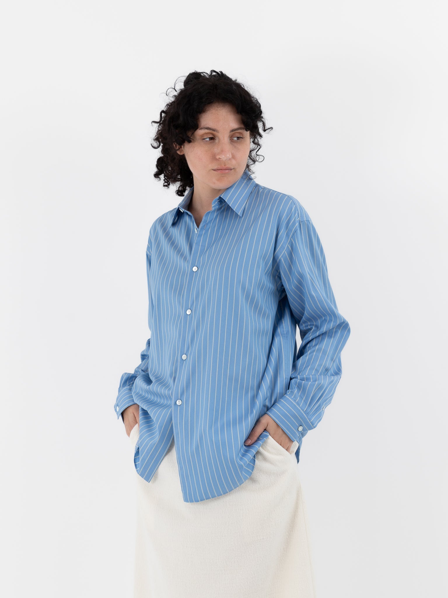 Auralee Cotton Silk Stripe Shirt in Sax Blue - AURALEE at Worthwhile - shop TOP
