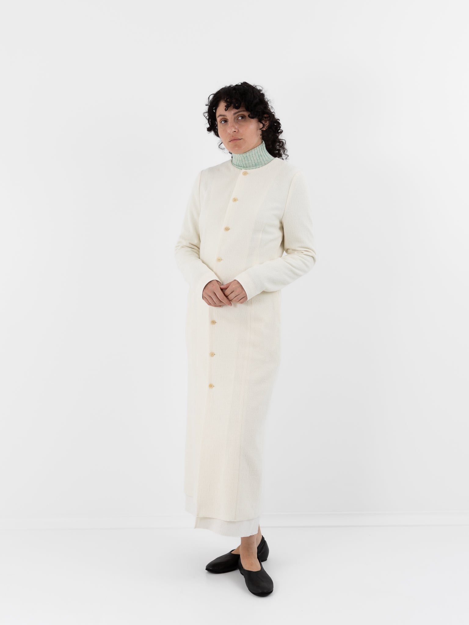 Auralee Fulled Wool Silk Collarless Dress in Ivory - AURALEE at Worthwhile - shop DRESS
