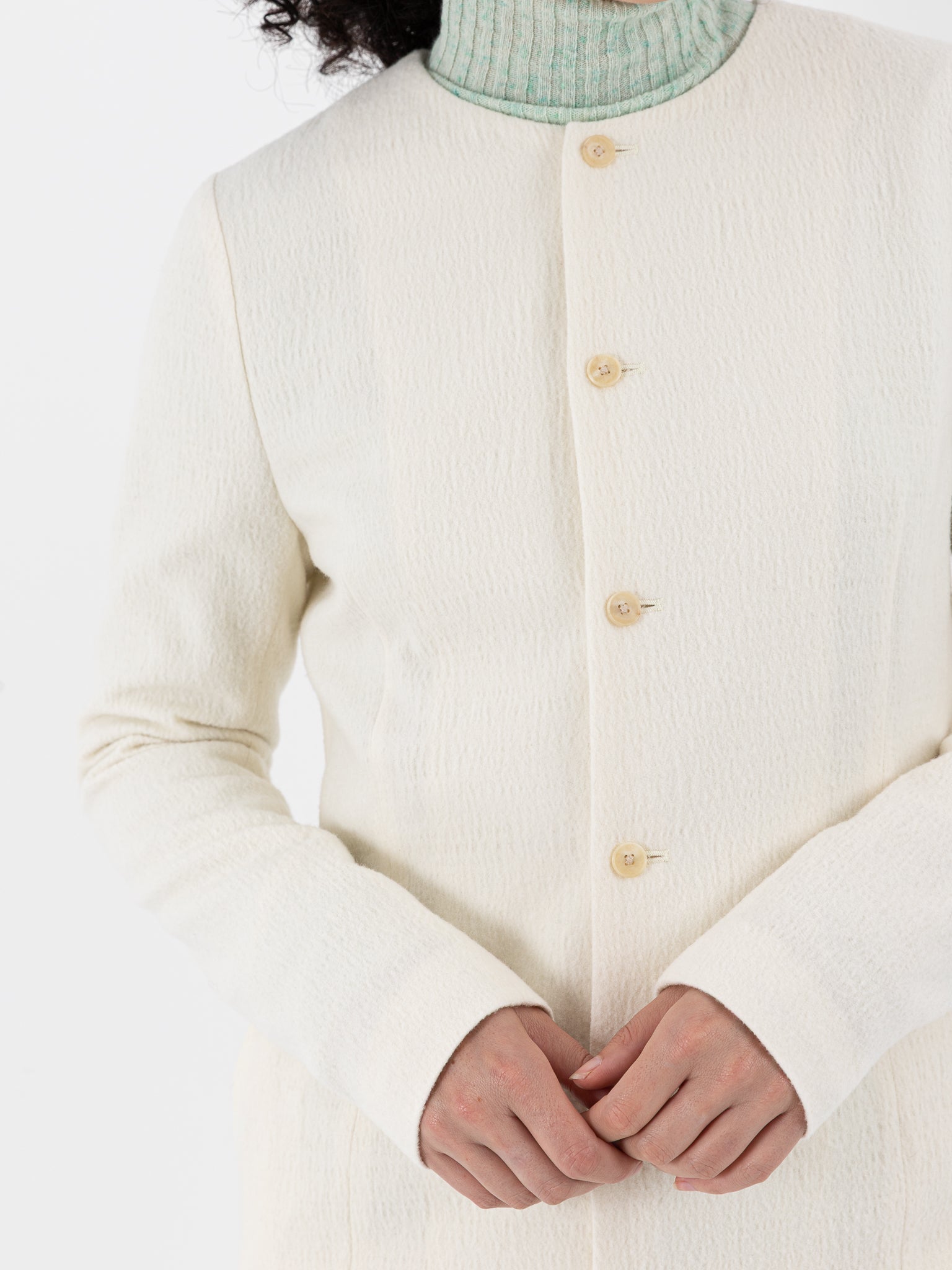 Auralee Fulled Wool Silk Collarless Dress in Ivory - AURALEE at Worthwhile - shop DRESS