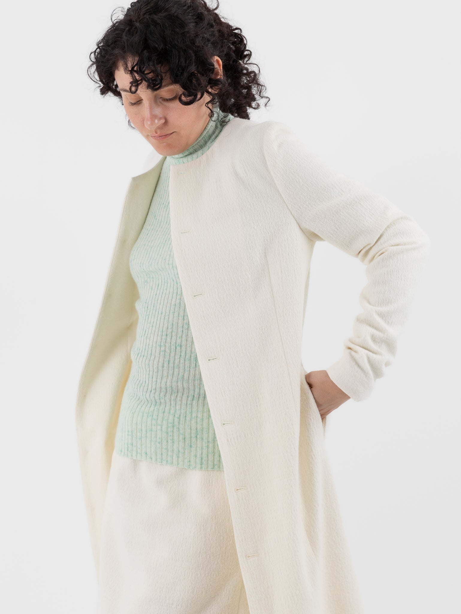 Auralee Fulled Wool Silk Collarless Dress in Ivory - AURALEE at Worthwhile - shop DRESS