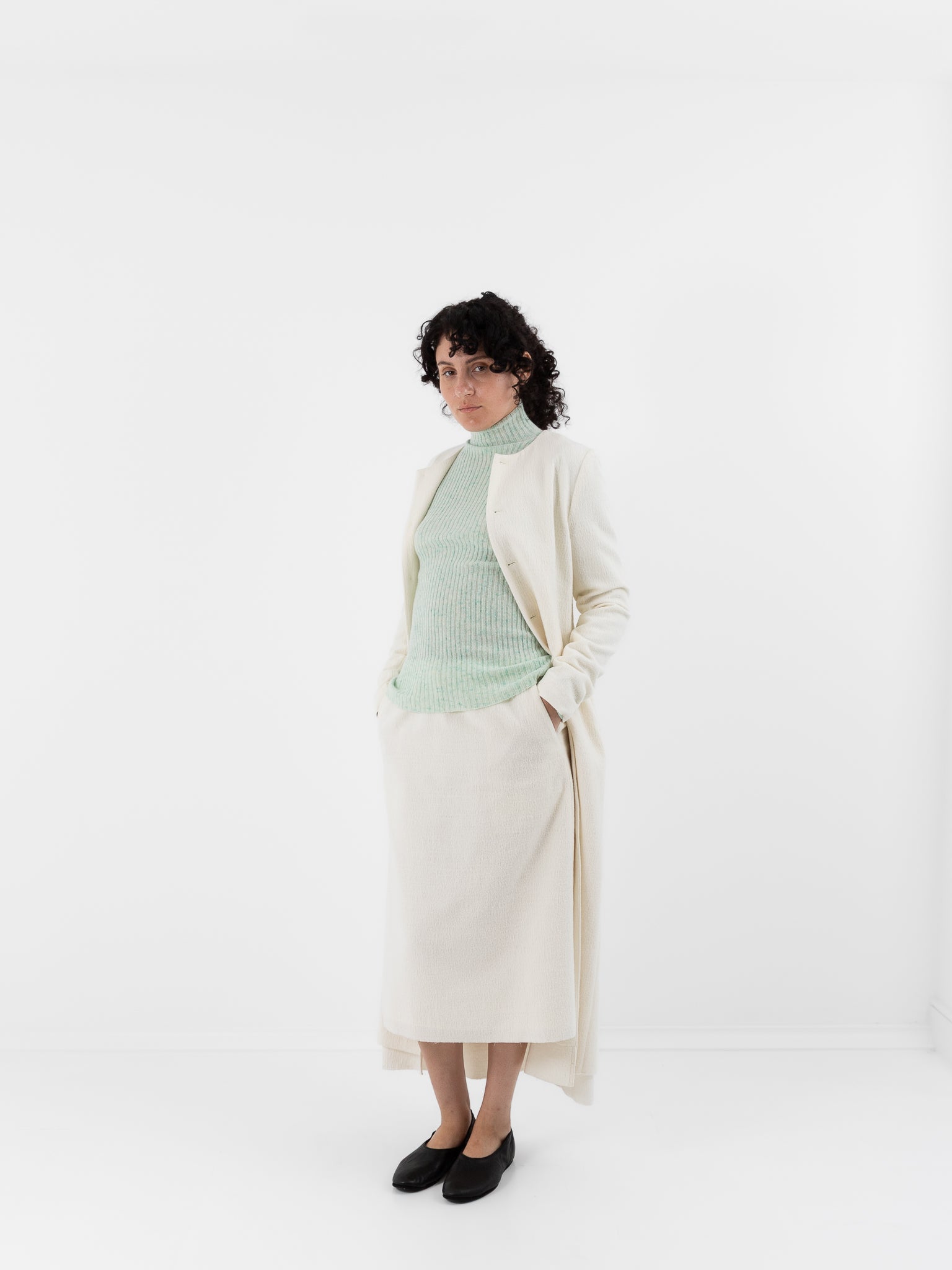 Auralee Fulled Wool Silk Collarless Dress in Ivory - AURALEE at Worthwhile - shop DRESS