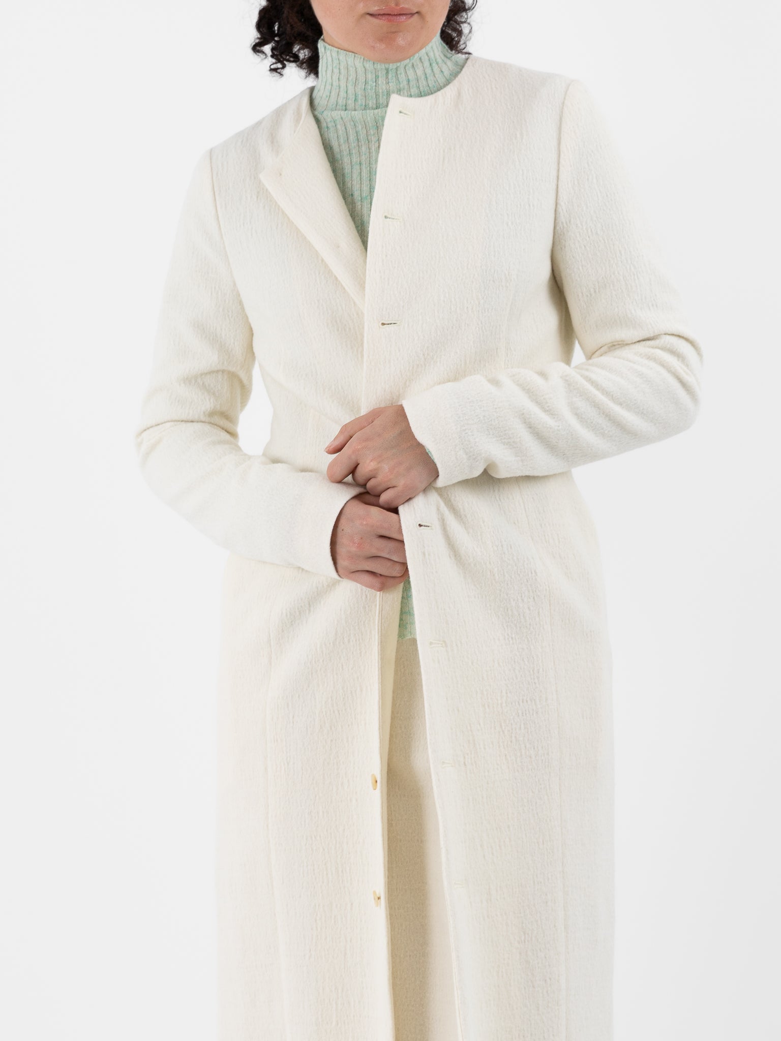 Auralee Fulled Wool Silk Collarless Dress in Ivory - AURALEE at Worthwhile - shop DRESS