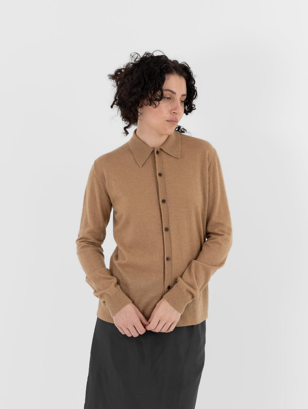 Auralee High Gauge Cashmere Cardigan Top in Light Brown - AURALEE at Worthwhile - shop CARDIGAN