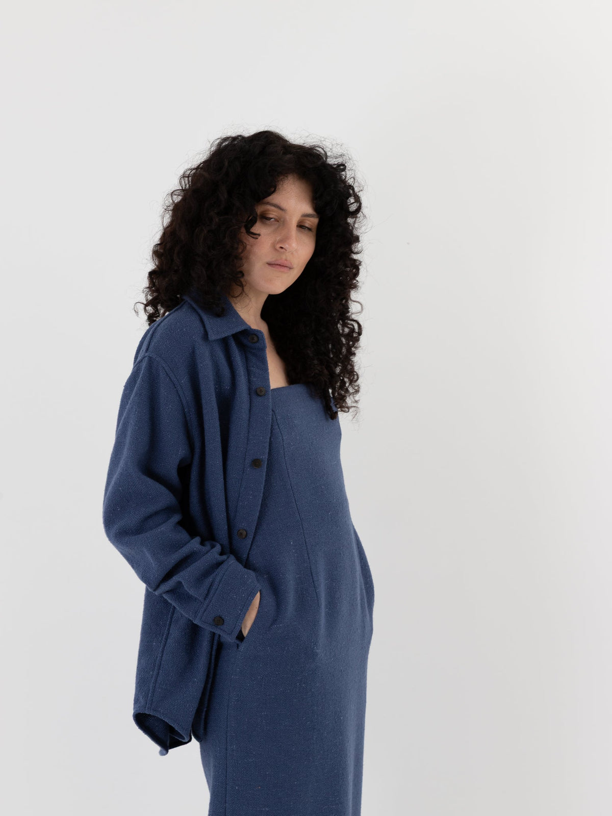 Auralee Homespun Tweed Shirt Blouson in Dusty Blue - AURALEE at Worthwhile - shop TOP