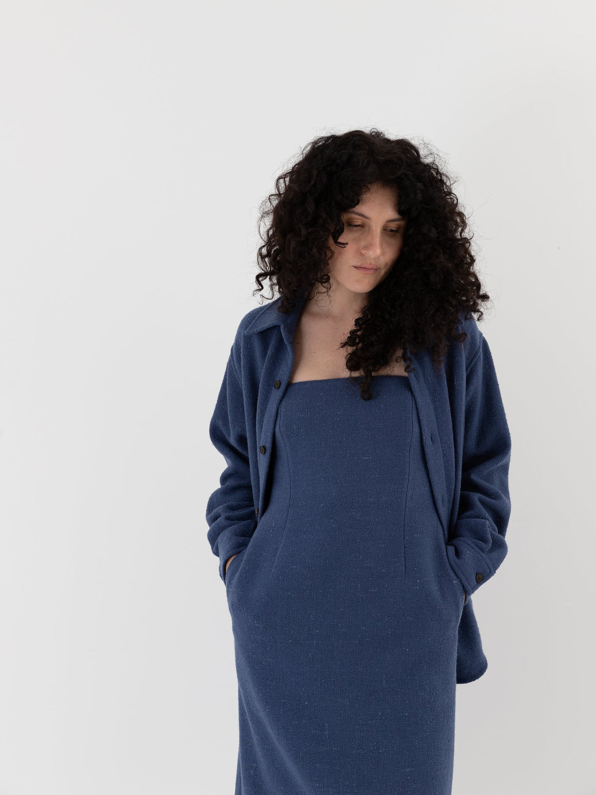 Auralee Homespun Tweed Shirt Blouson in Dusty Blue - AURALEE at Worthwhile - shop TOP