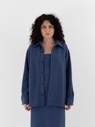 Auralee Homespun Tweed Shirt Blouson in Dusty Blue - AURALEE at Worthwhile - shop TOP