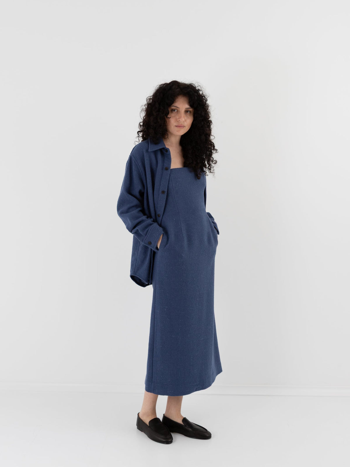 Auralee Homespun Tweed Shirt Blouson in Dusty Blue - AURALEE at Worthwhile - shop TOP