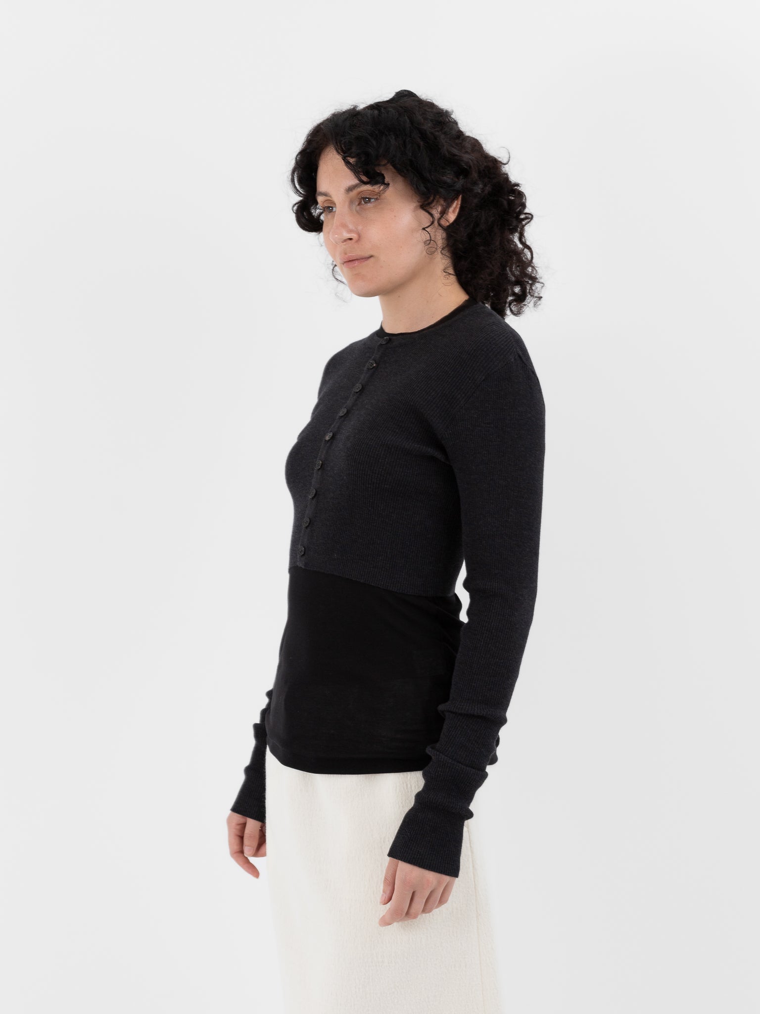 Auralee Super Fine Wool High Gauge Rib Knit Short Cardigan in Charcoal - AURALEE at Worthwhile - shop CARDIGAN