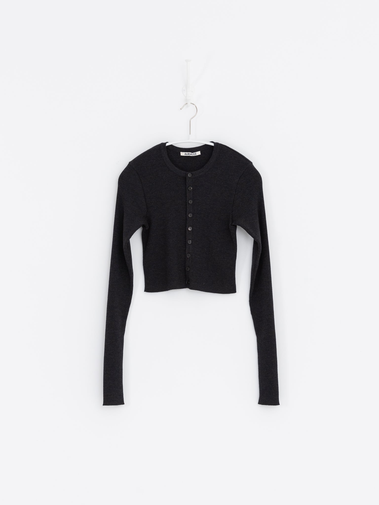 Auralee Super Fine Wool High Gauge Rib Knit Short Cardigan in Charcoal - AURALEE at Worthwhile - shop CARDIGAN