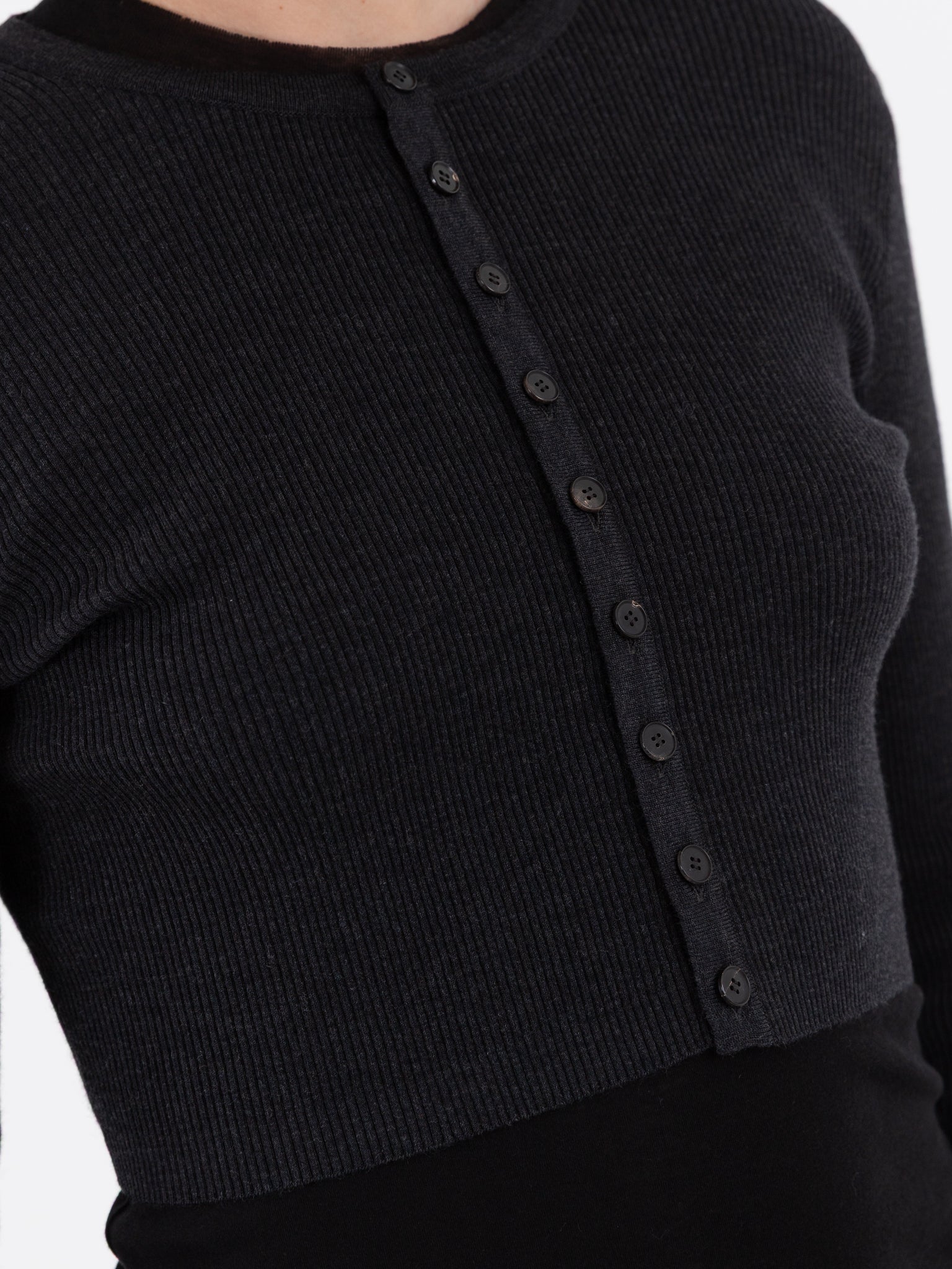 Auralee Super Fine Wool High Gauge Rib Knit Short Cardigan in Charcoal - AURALEE at Worthwhile - shop CARDIGAN