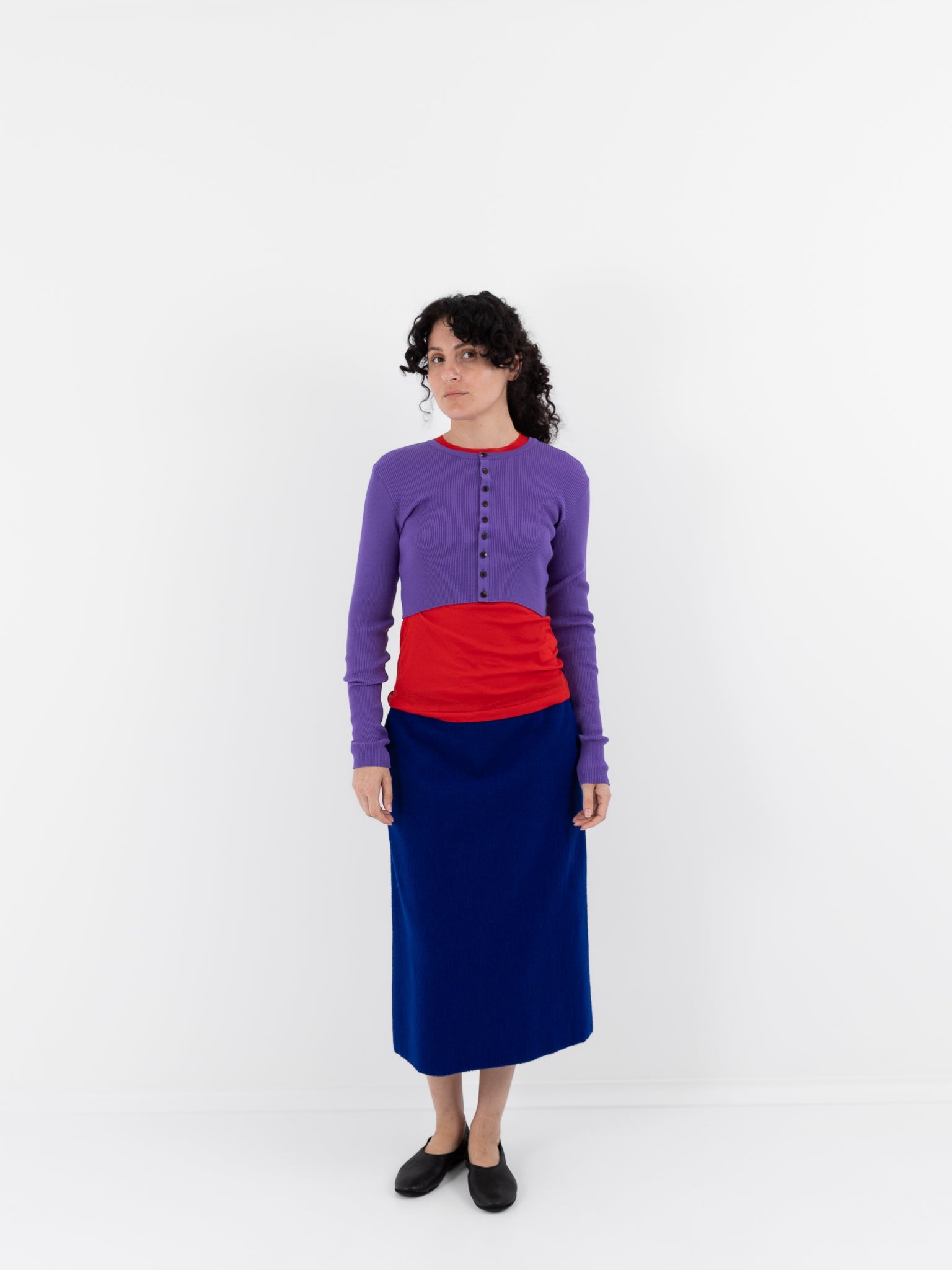 Auralee Super Fine Wool High Gauge Rib Knit Short Cardigan in Purple - AURALEE at Worthwhile - shop CARDIGAN