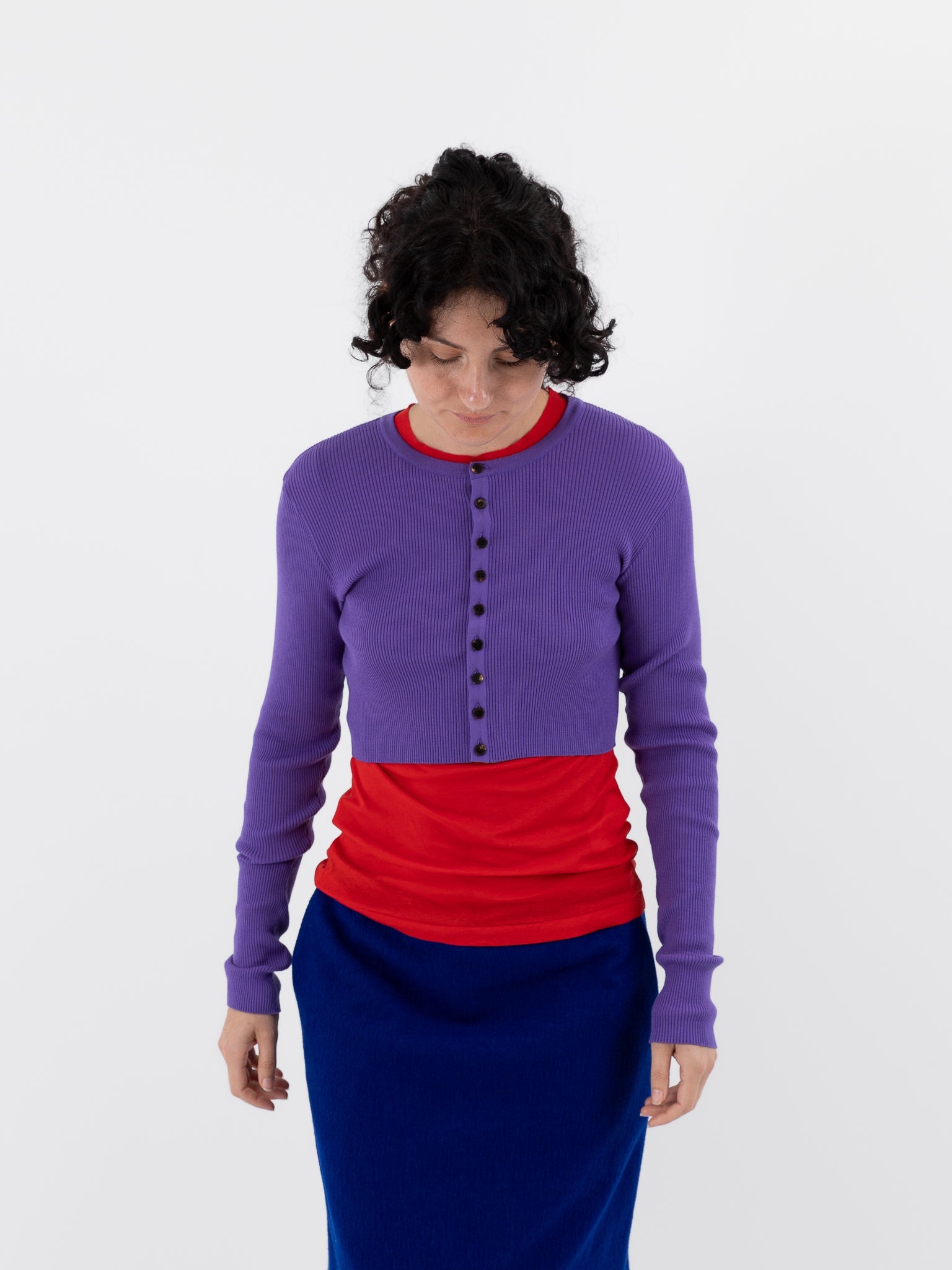 Auralee Super Fine Wool High Gauge Rib Knit Short Cardigan in Purple - AURALEE at Worthwhile - shop CARDIGAN