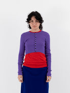 Auralee Super Fine Wool High Gauge Rib Knit Short Cardigan in Purple - AURALEE at Worthwhile - shop CARDIGAN