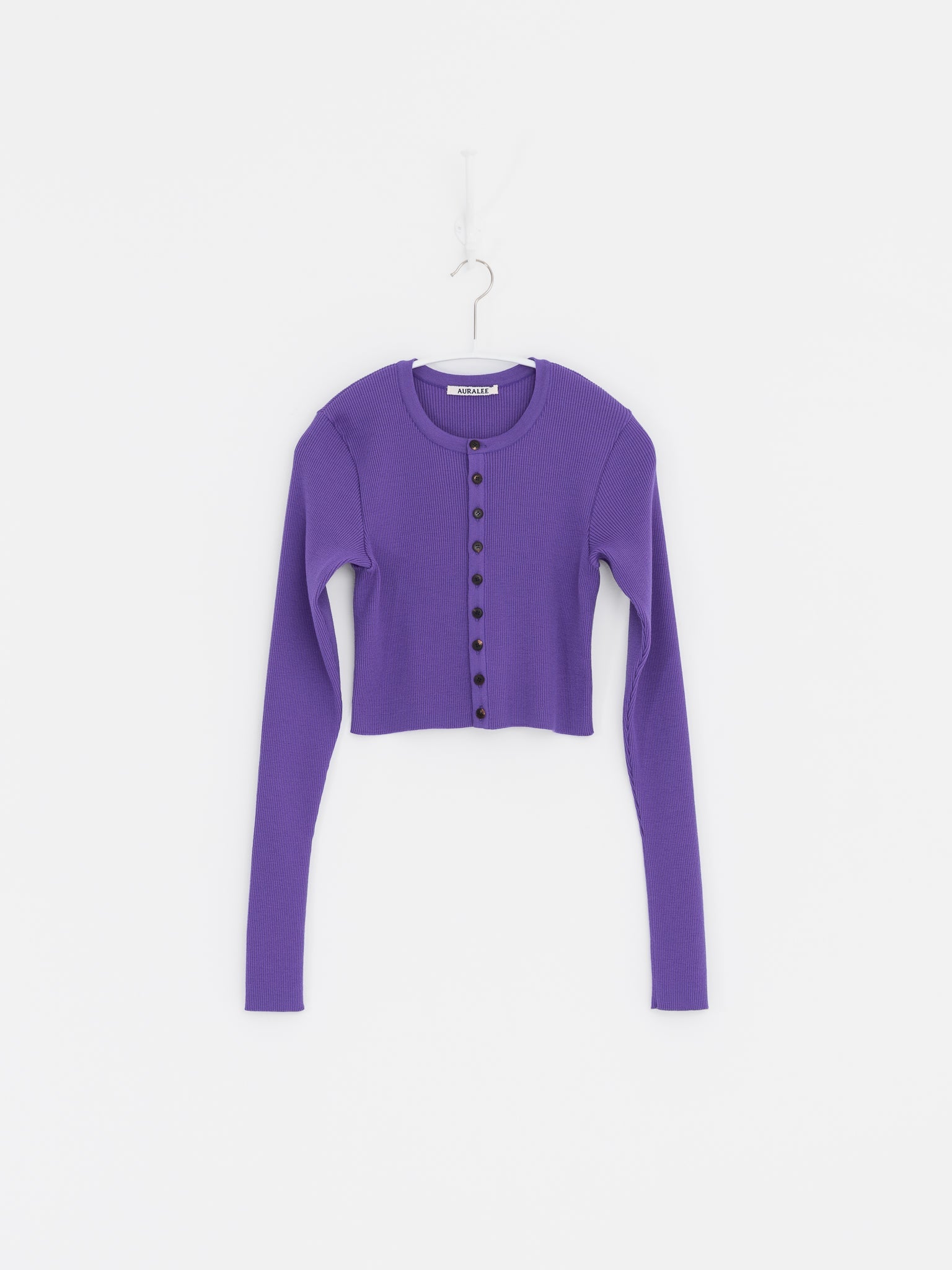 Auralee Super Fine Wool High Gauge Rib Knit Short Cardigan in Purple - AURALEE at Worthwhile - shop CARDIGAN