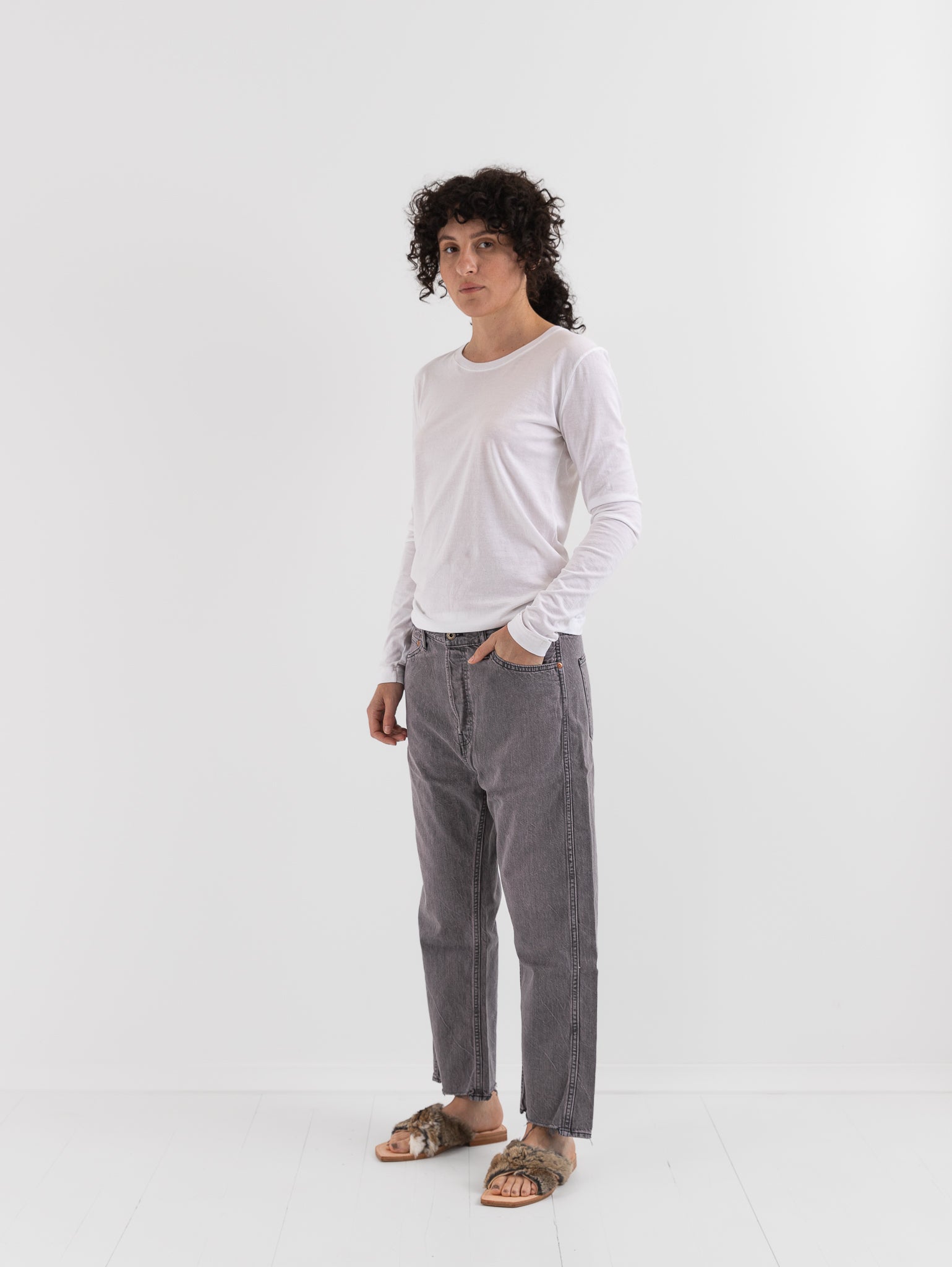 Chimala Wide Tapered Cut Denim Pants in Pinkish Gray - CHIMALA at Worthwhile - shop PANT