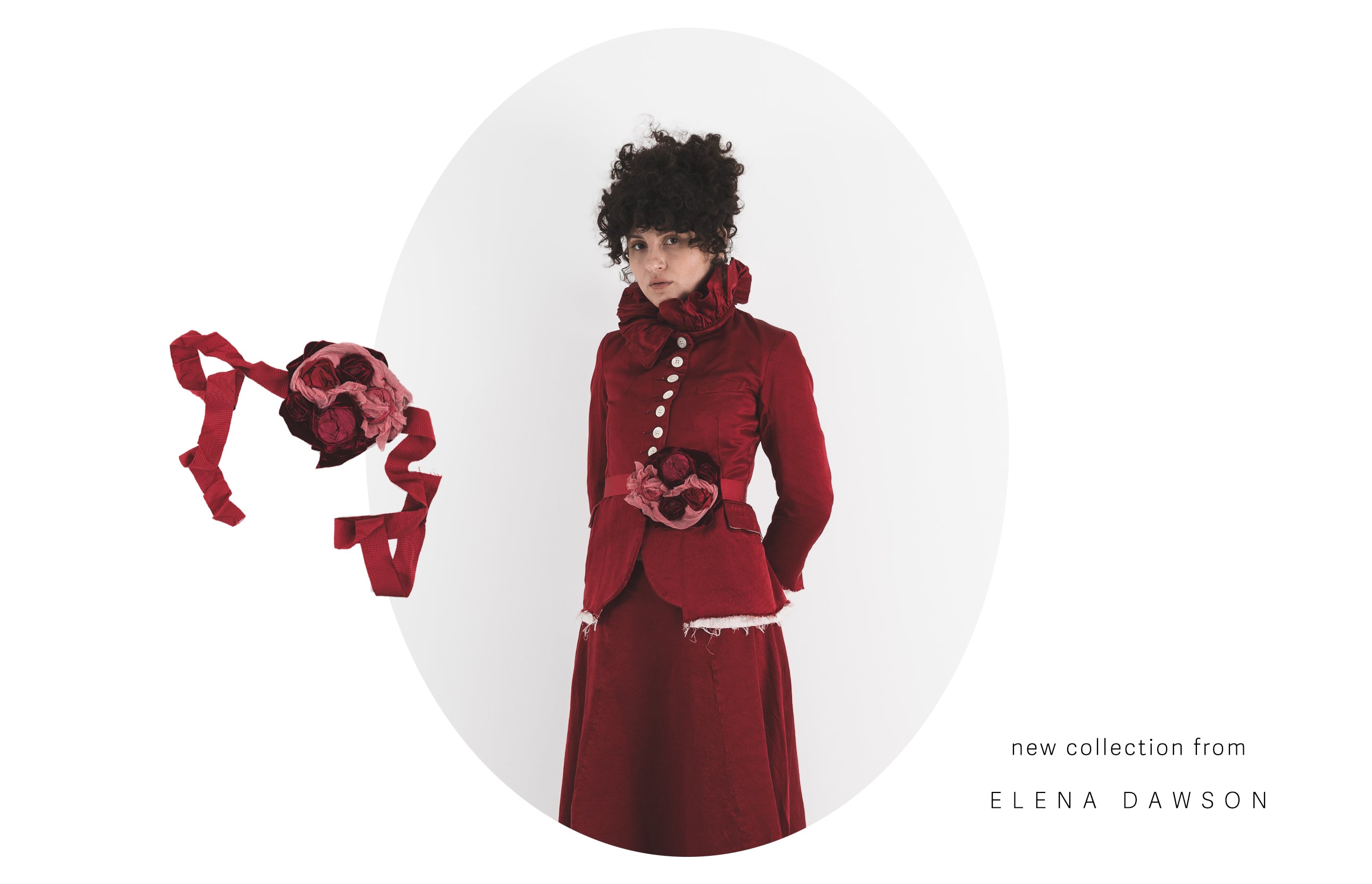 elena dawson monet hacking jacket in red silk satin with handmade rose belt