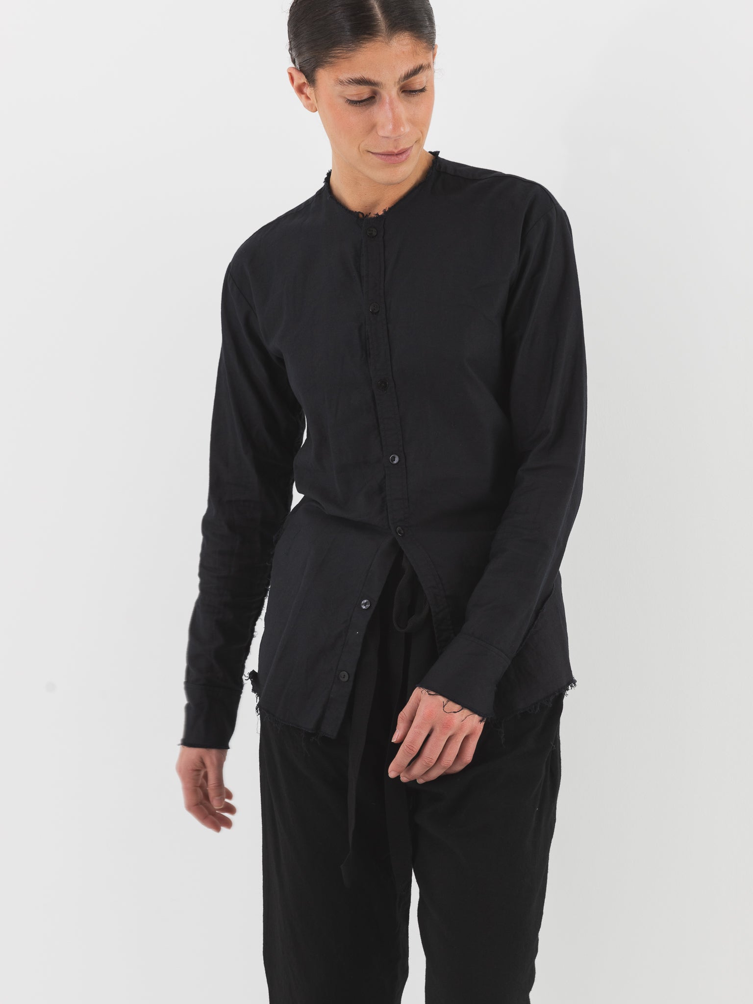 Elena Dawson No Collar Shirt, Black Cotton - Worthwhile