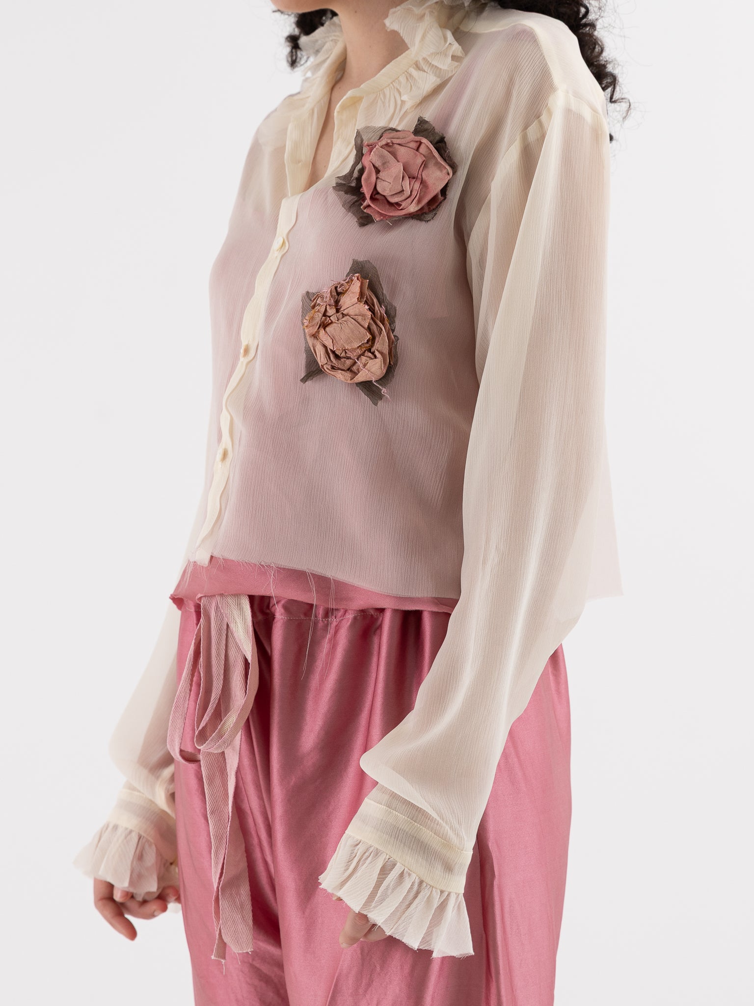 Elena Dawson Cropped Monet Shirt with Tea Roses in Cream - ELENA DAWSON at Worthwhile - shop TOP