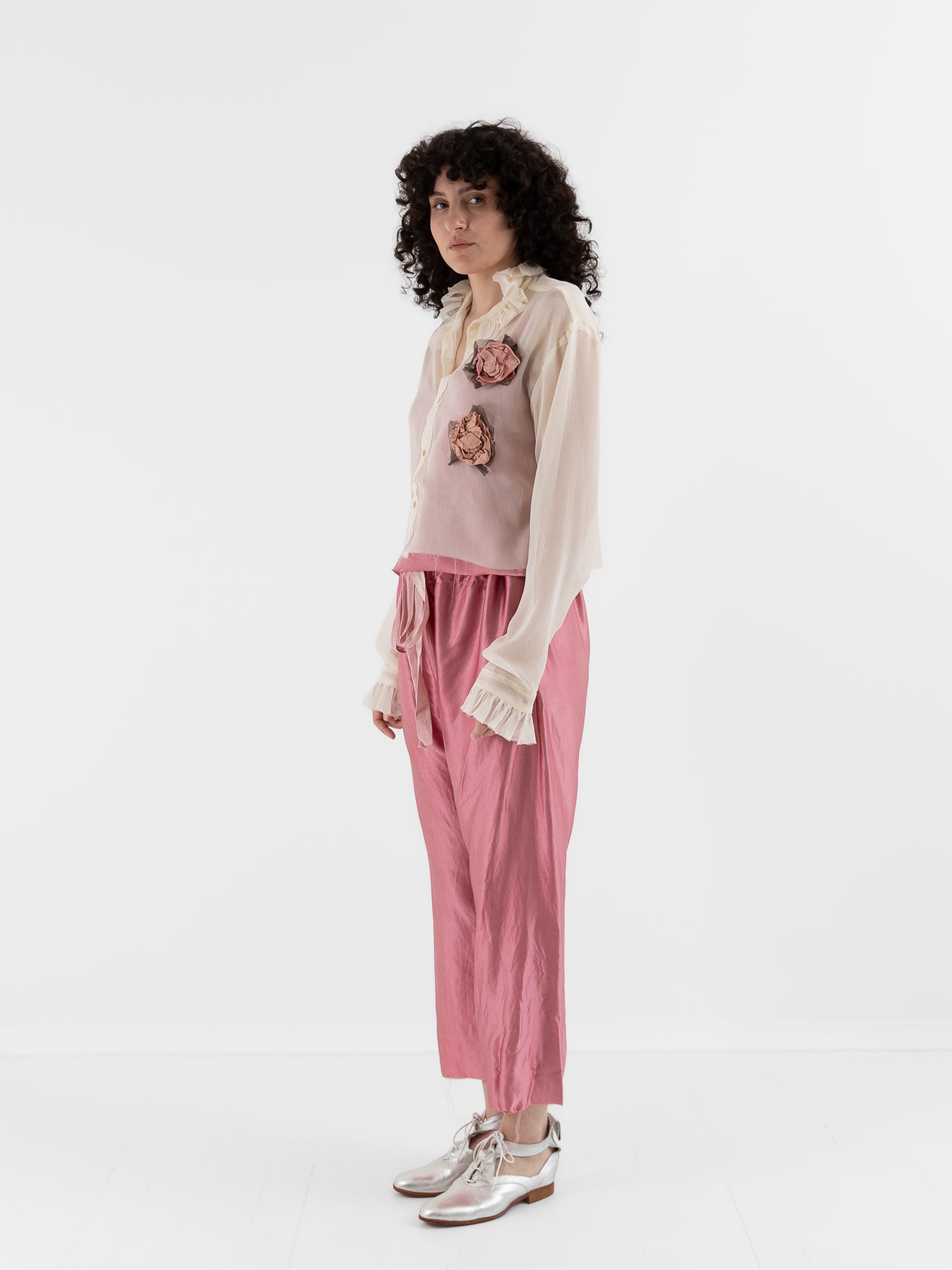 Elena Dawson Cropped Monet Shirt with Tea Roses in Cream - ELENA DAWSON at Worthwhile - shop TOP